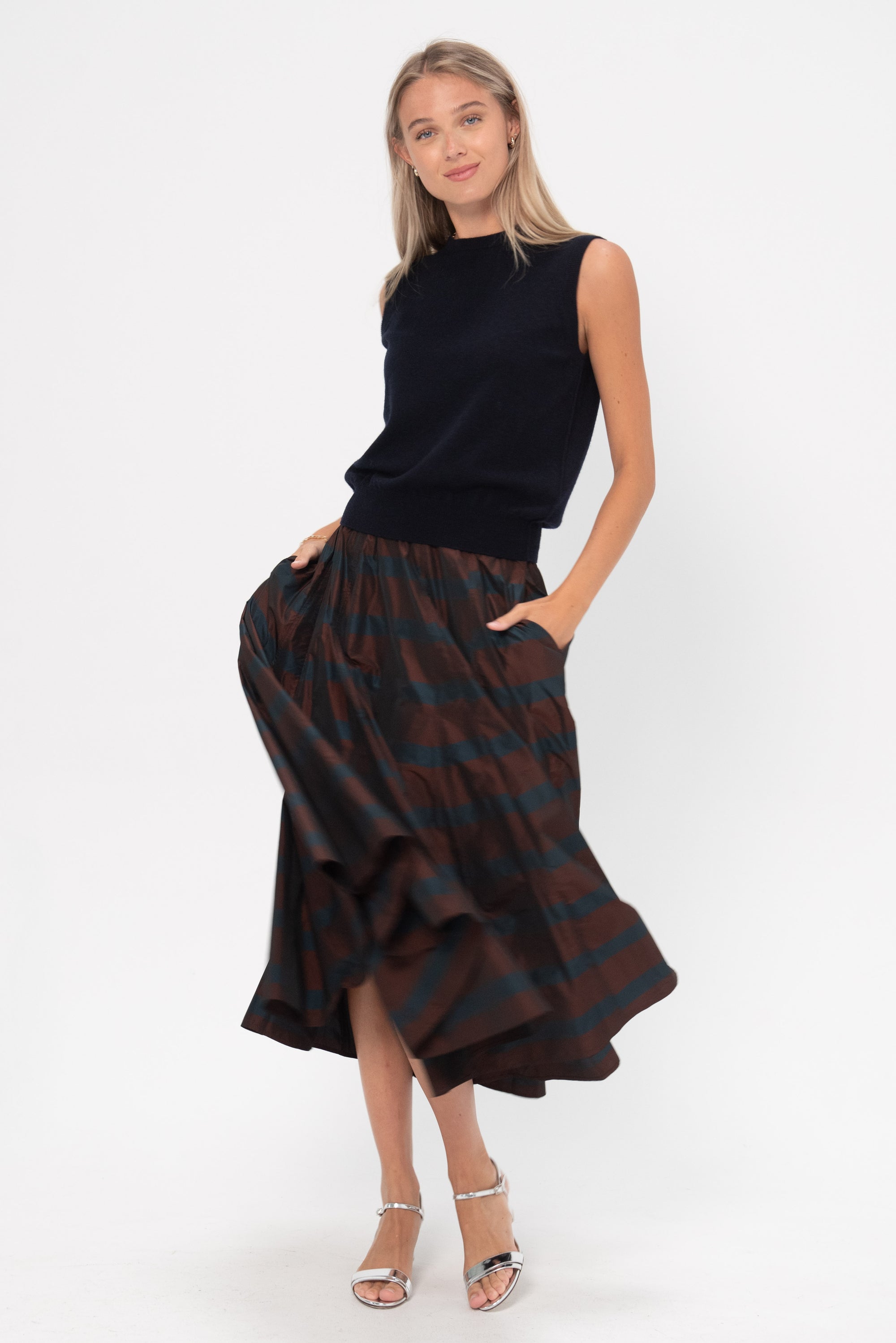 ODEEH - Striped Taffeta Skirt, Burgundy