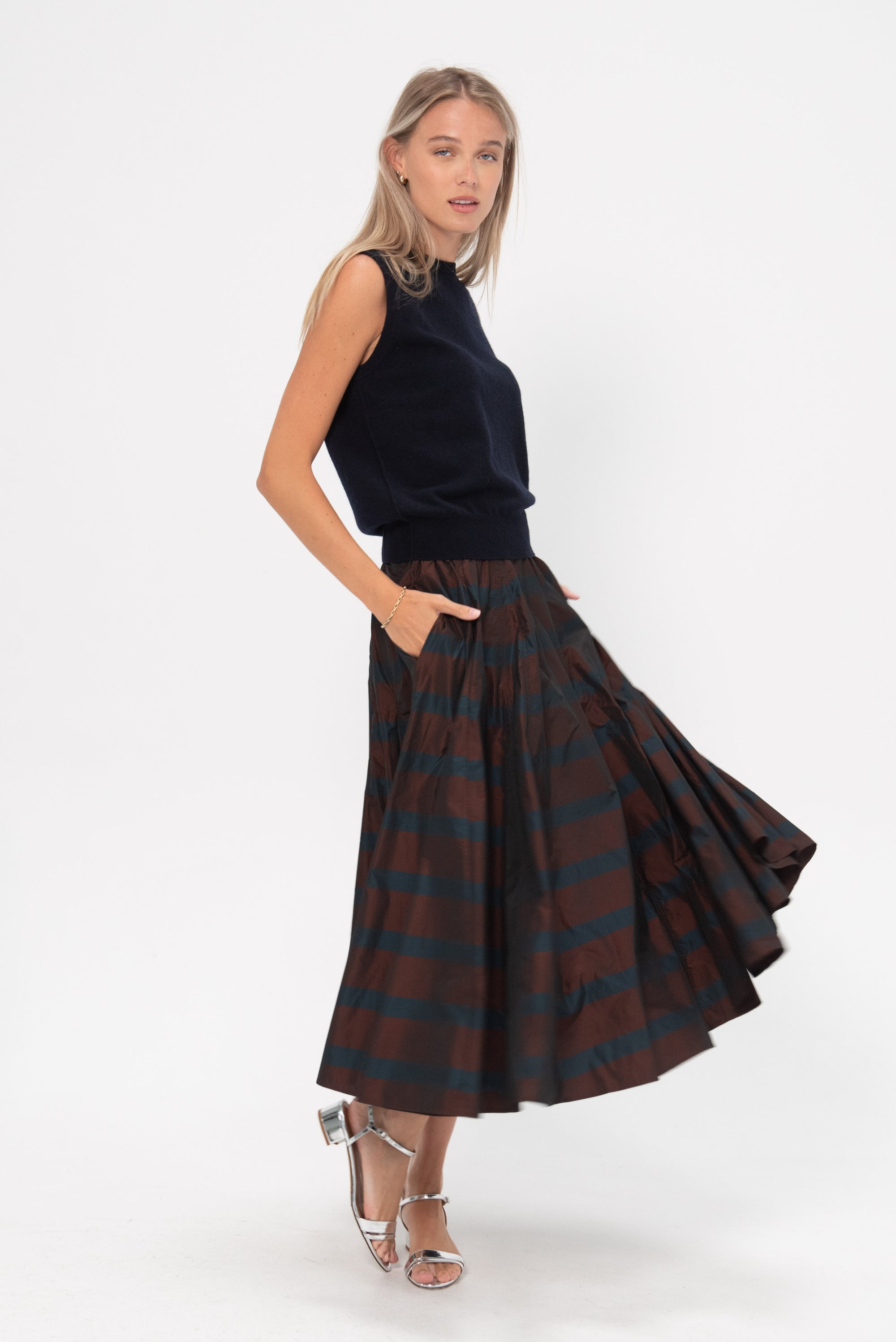 ODEEH - Striped Taffeta Skirt, Burgundy