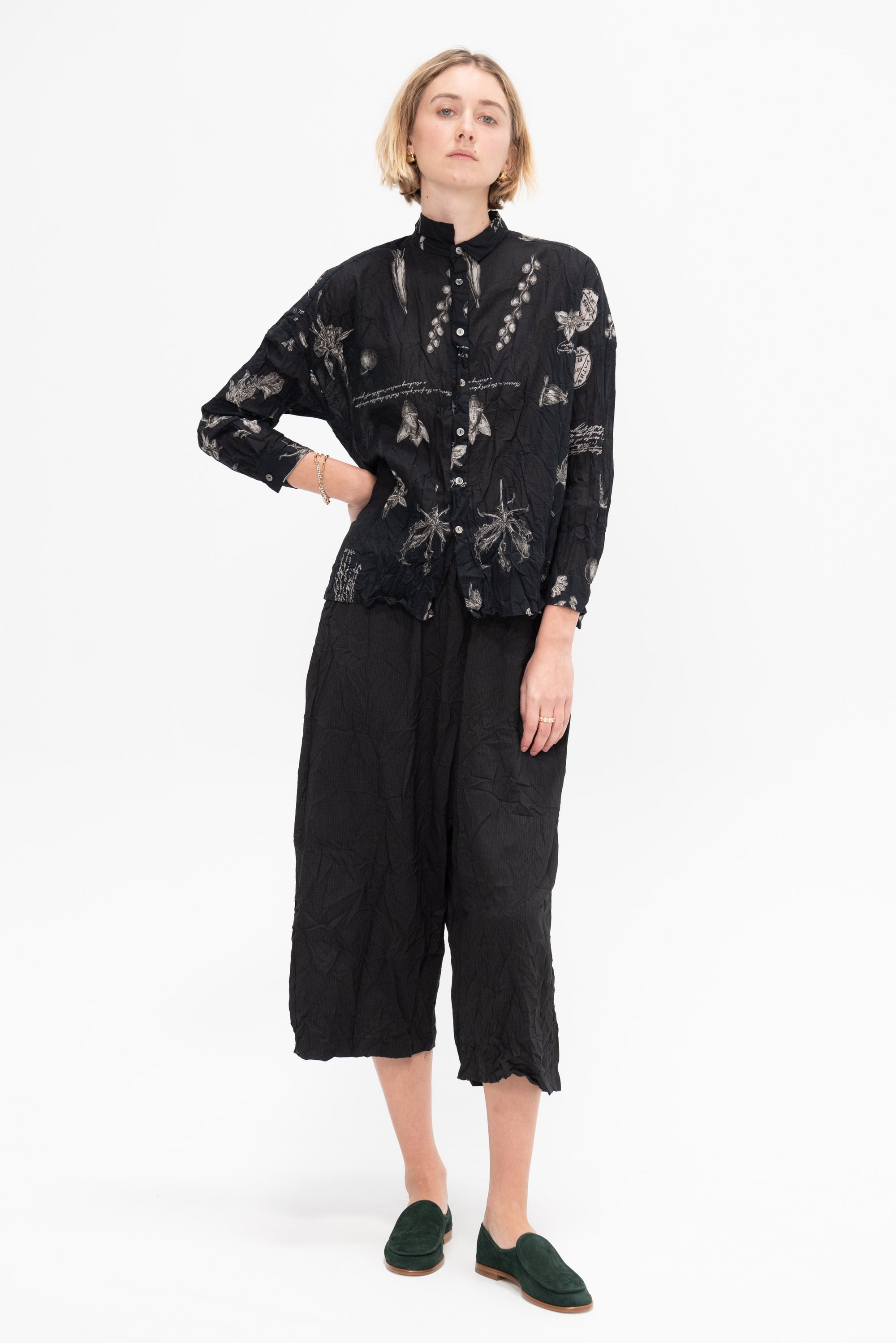 Stripe Crinkle Wide Pants, Black