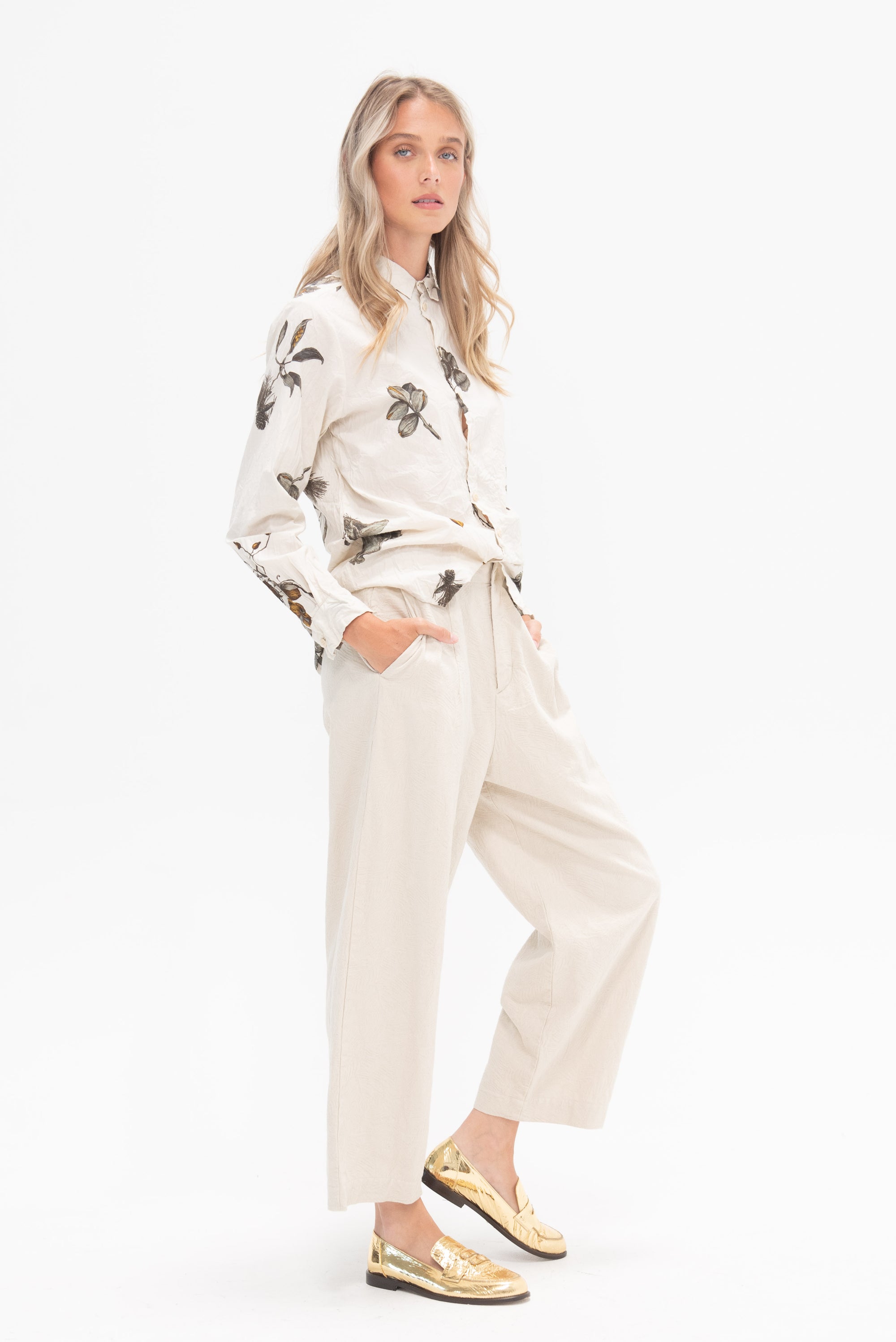 PAS DE CALAIS - Recycled Denim Coniferous Tree Jacquard Wide Pants, Ivory