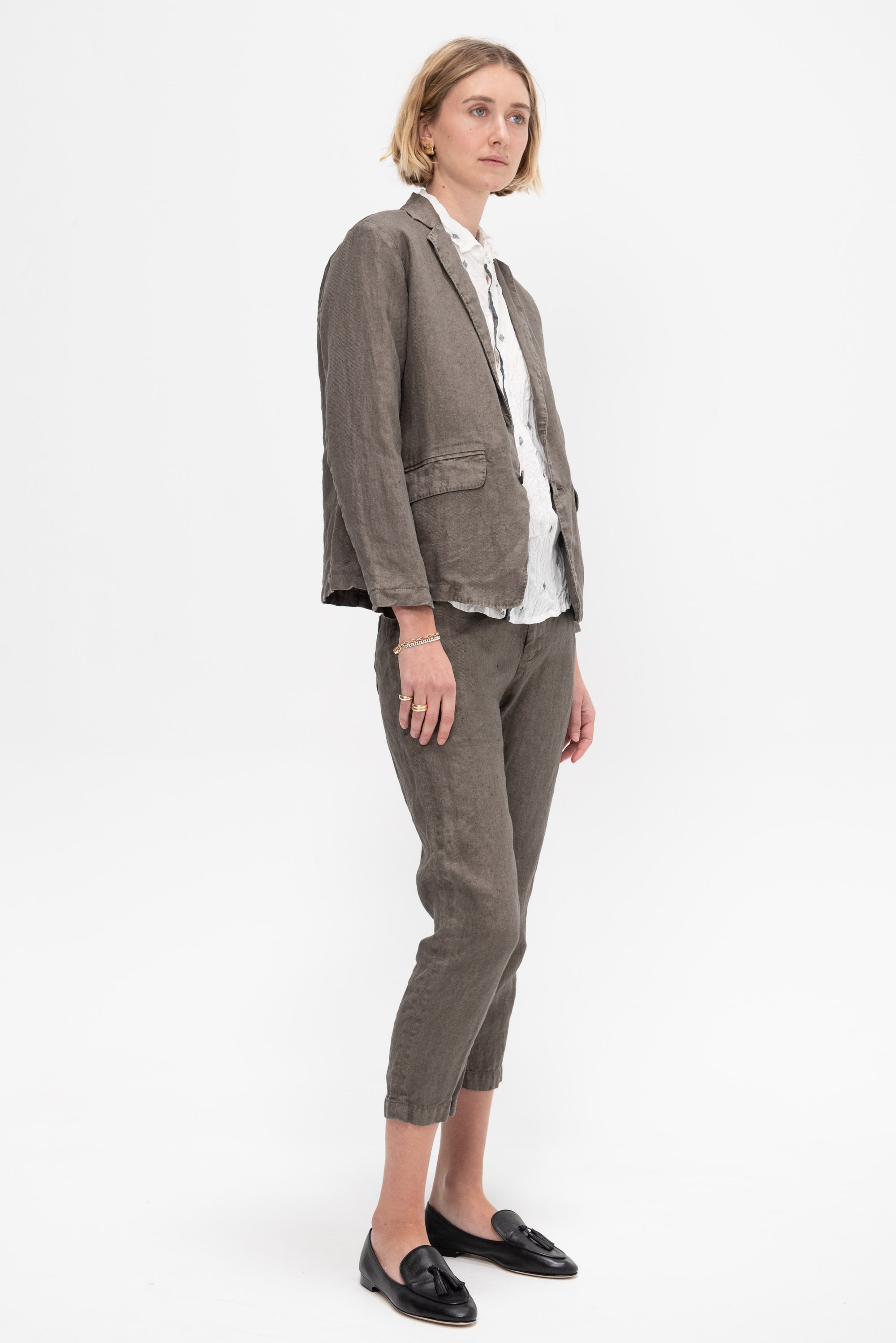 Linen Twill Tapered Pants, Khaki