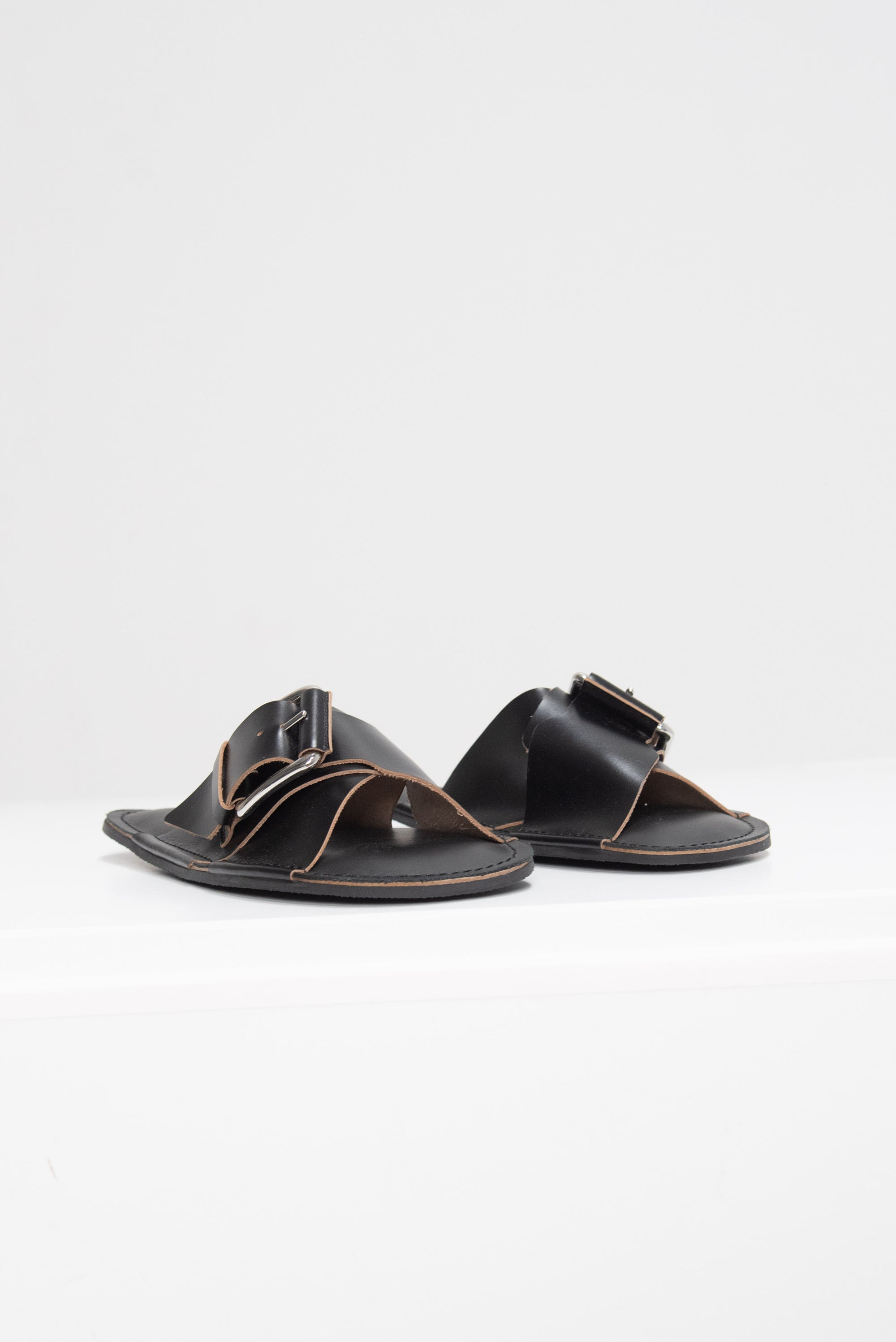 PLAN C - Cross Strap Leather Sandal, Black