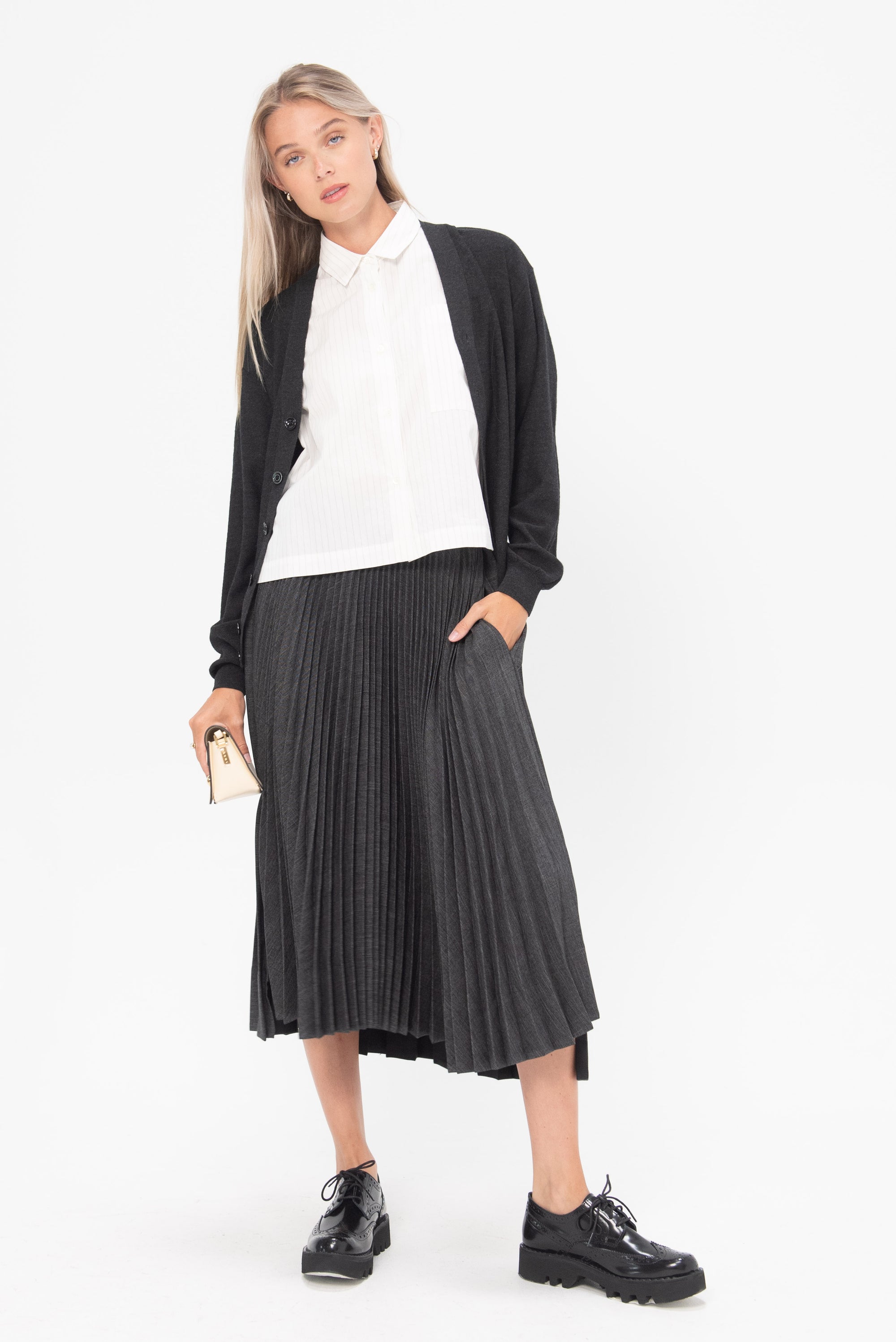 PLAN C - Pleated Midi Skirt, Dark Grey