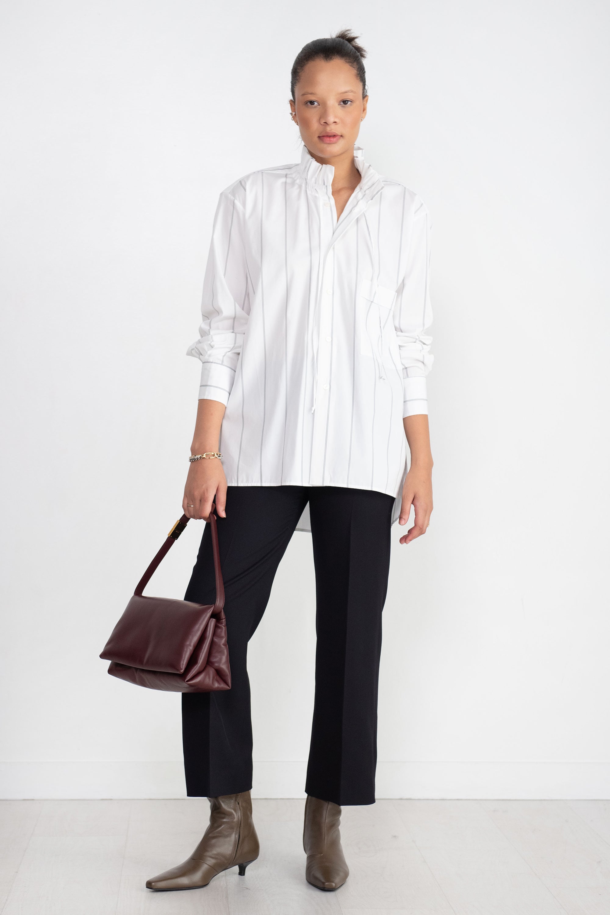 RUFFLED NECK STRIPED SHIRT, WHITE