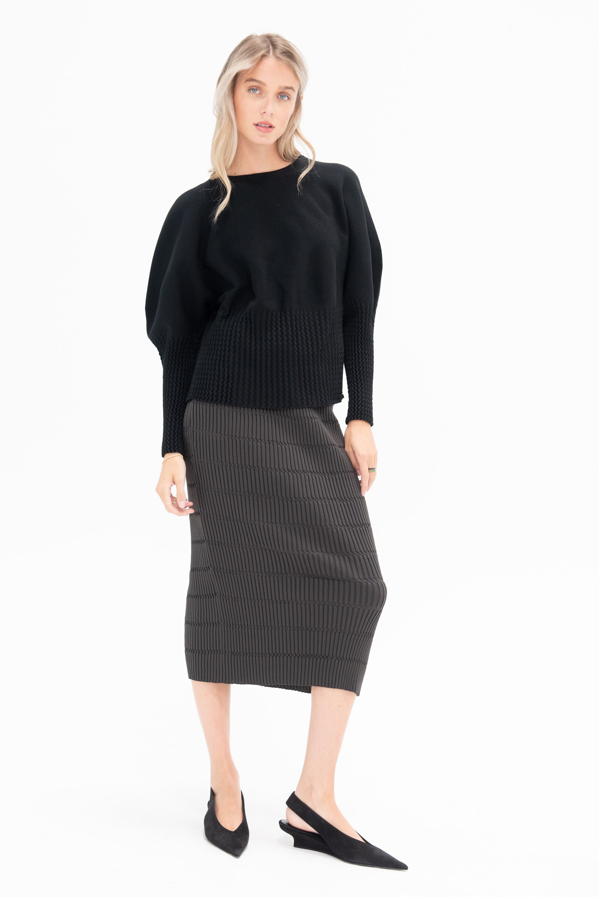 PLEATS PLEASE BY ISSEY MIYAKE - Jiggy Knit Skirt, Chocolate Brown