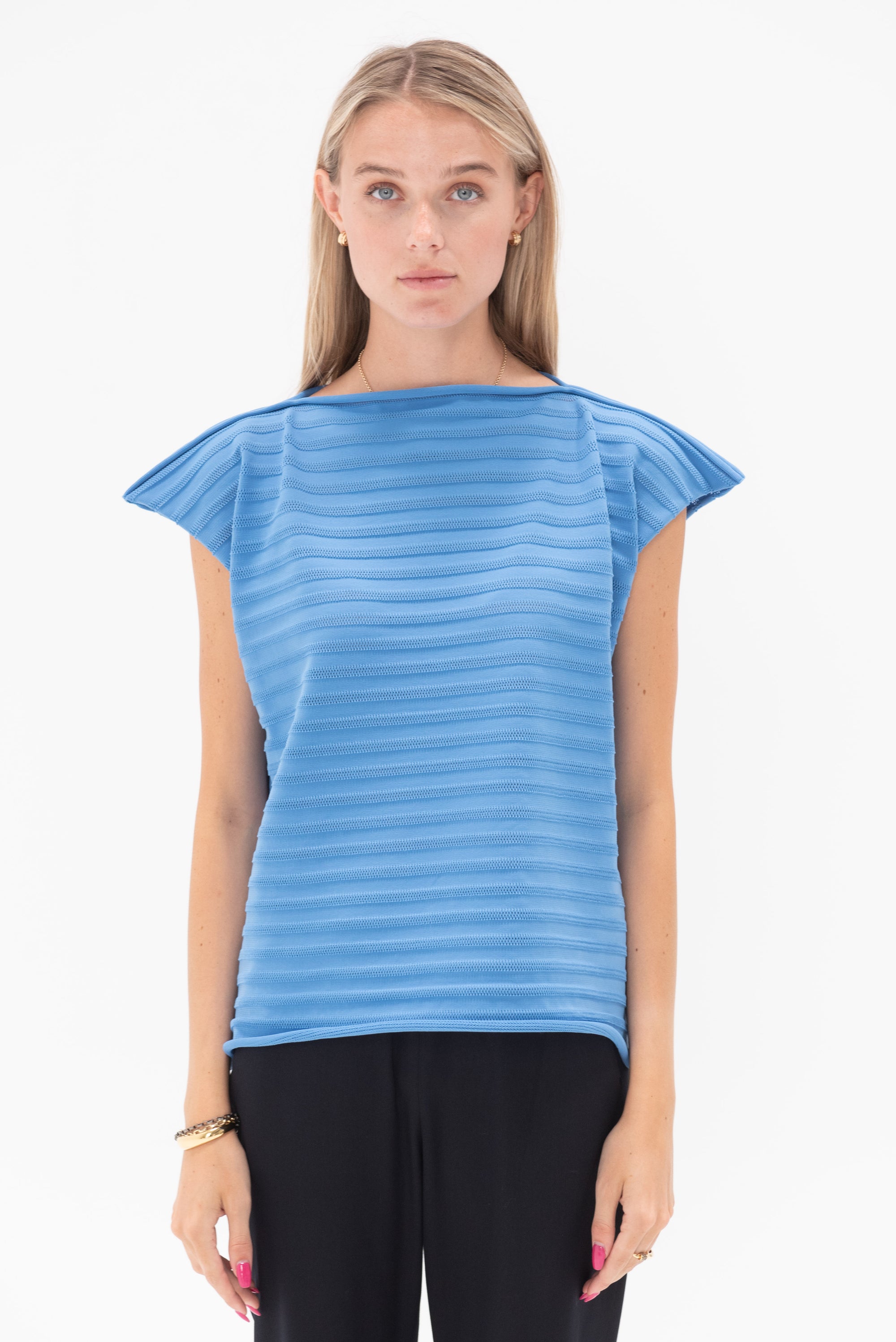 Pleats Please by Issey Miyake - Mesh Knit Top, Blue Salt