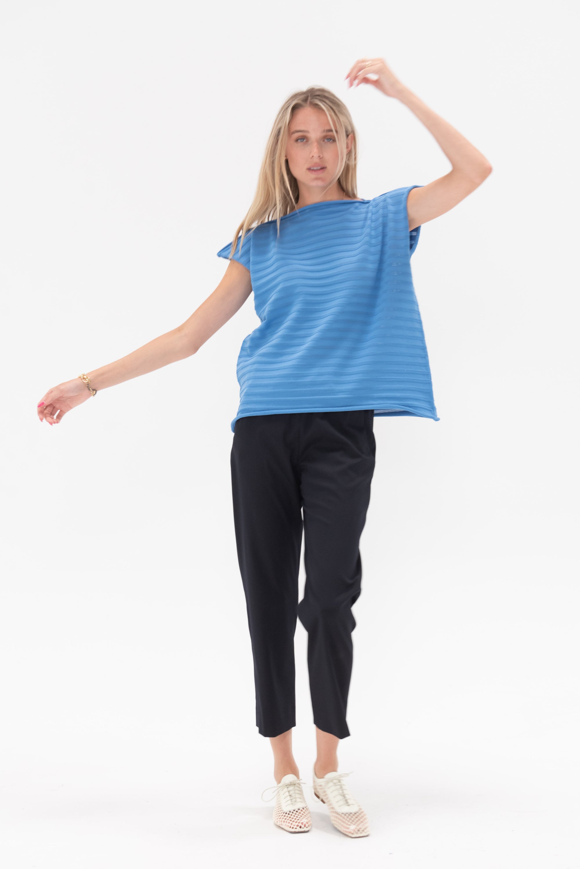 Pleats Please by Issey Miyake - Mesh Knit Top, Blue Salt