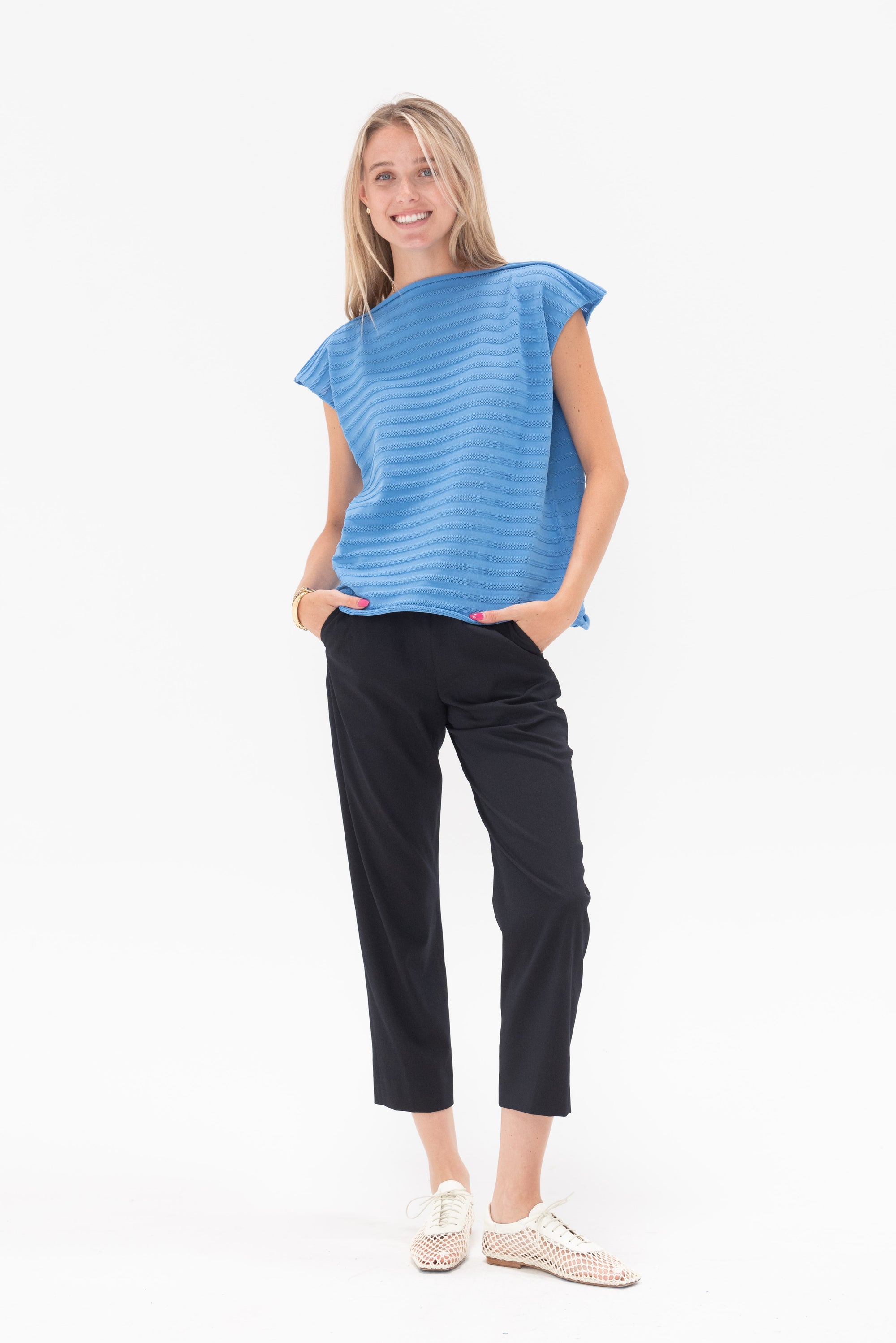 Pleats Please by Issey Miyake - Mesh Knit Top, Blue Salt