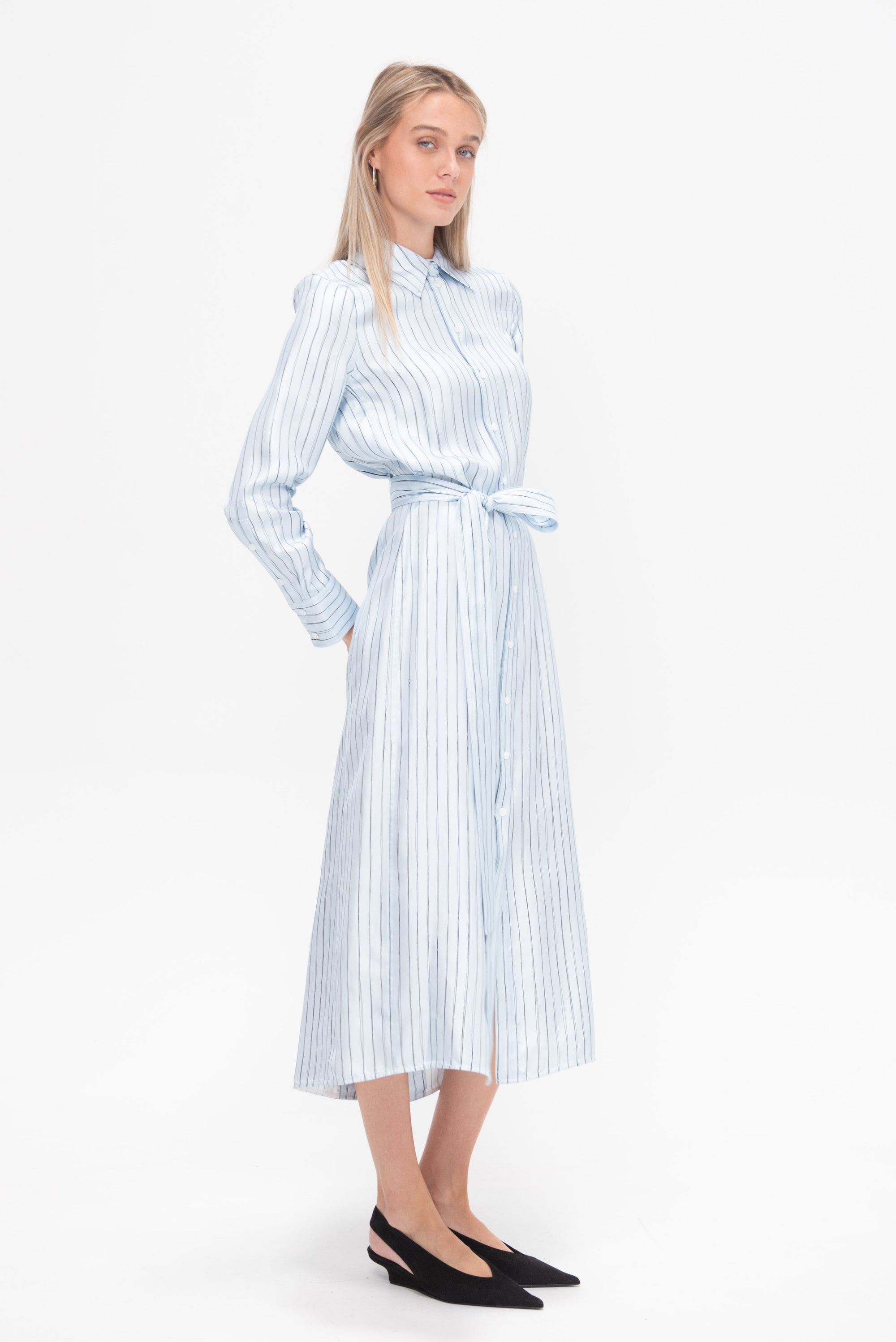 Hannah Dress in Stripe Silk Twill, Pale Blue Multi Stripe