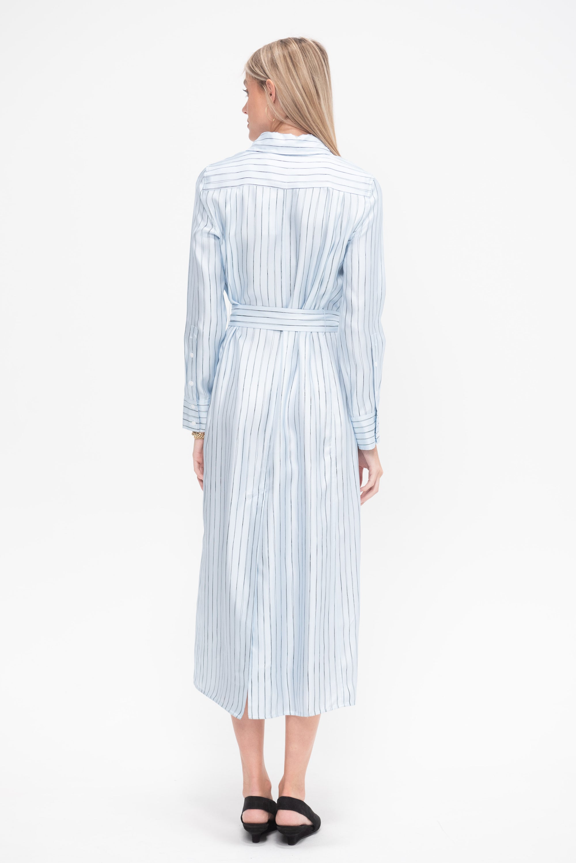 Hannah Dress in Stripe Silk Twill, Pale Blue Multi Stripe