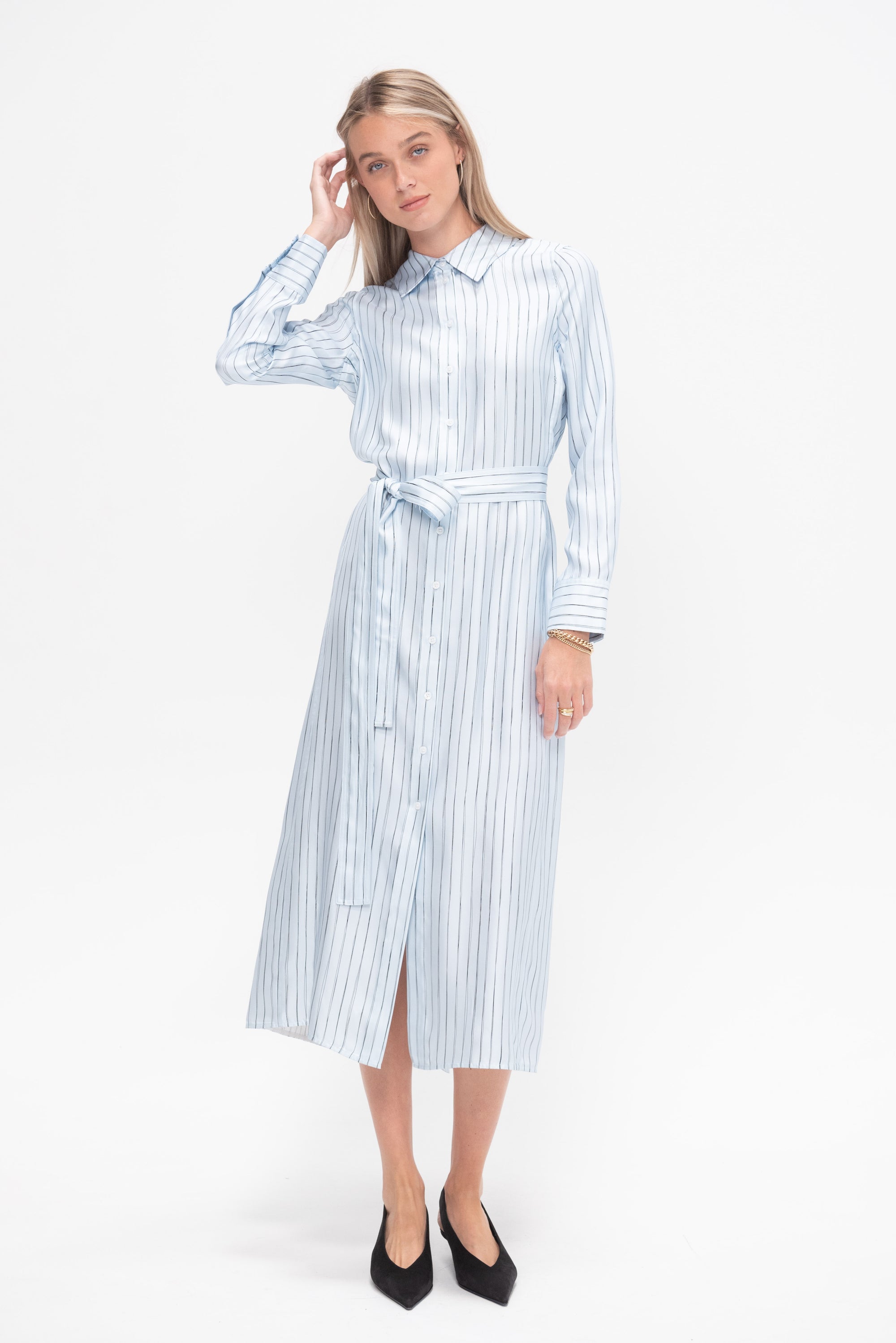 Hannah Dress in Stripe Silk Twill, Pale Blue Multi Stripe