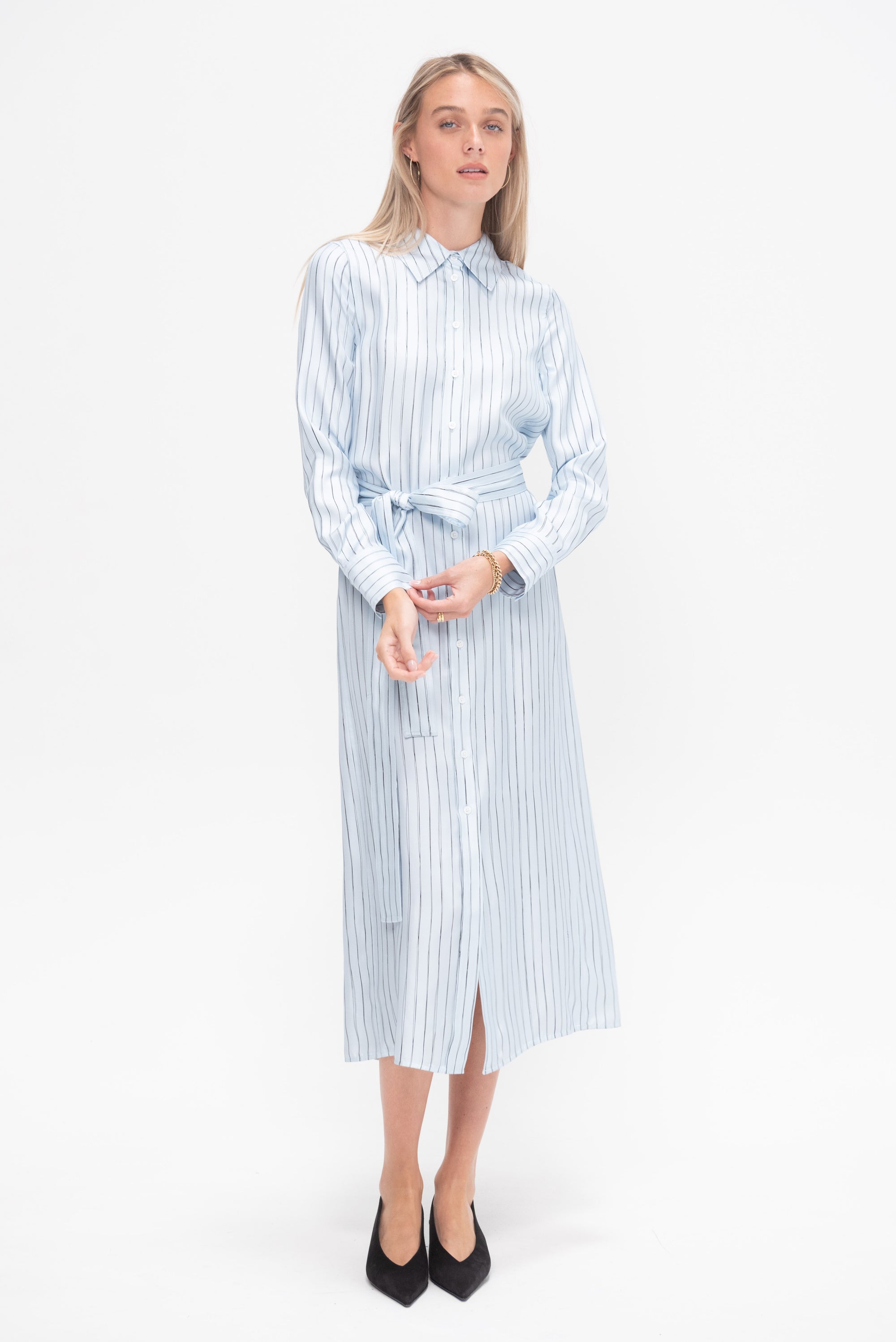 Hannah Dress in Stripe Silk Twill, Pale Blue Multi Stripe