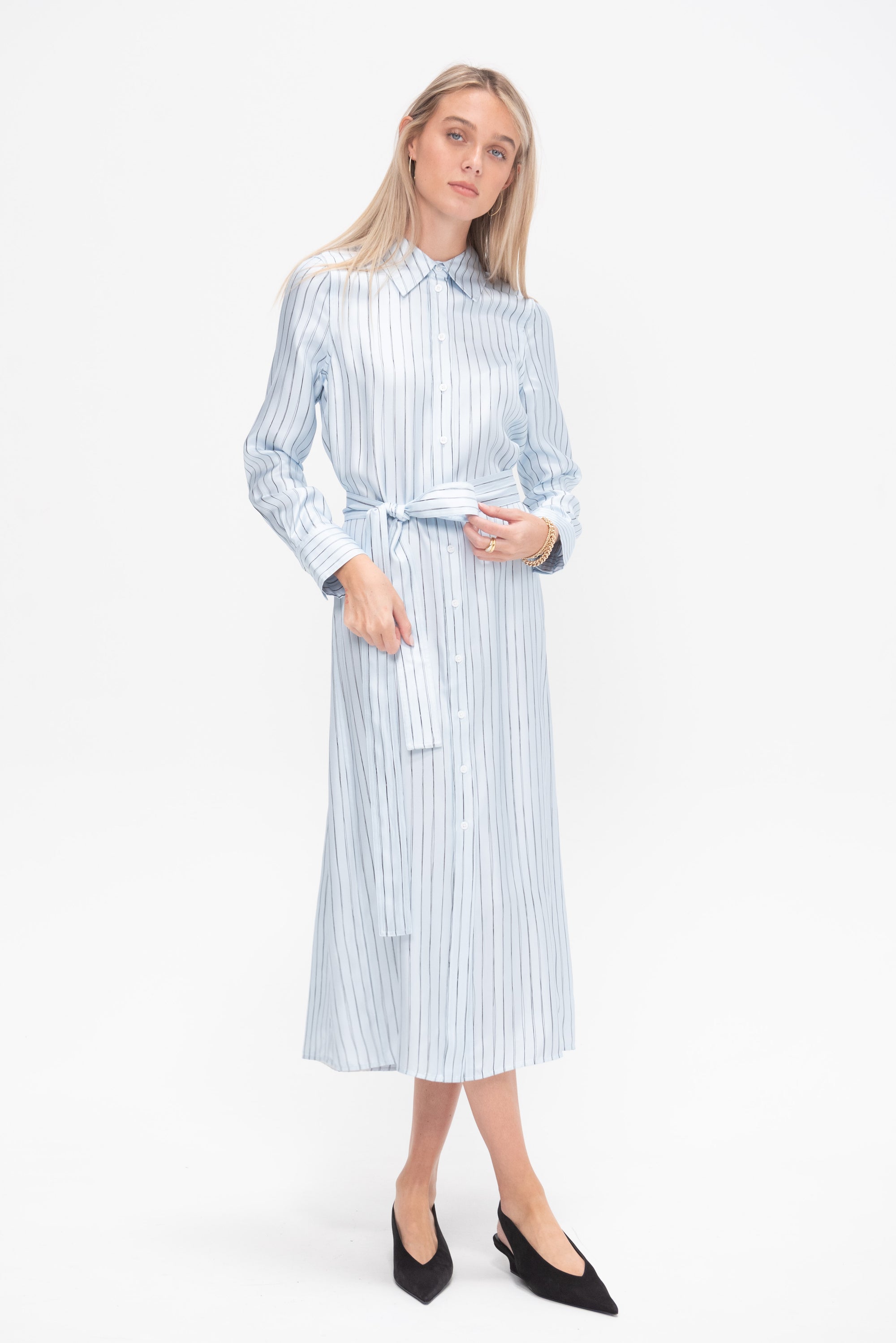 Hannah Dress in Stripe Silk Twill, Pale Blue Multi Stripe