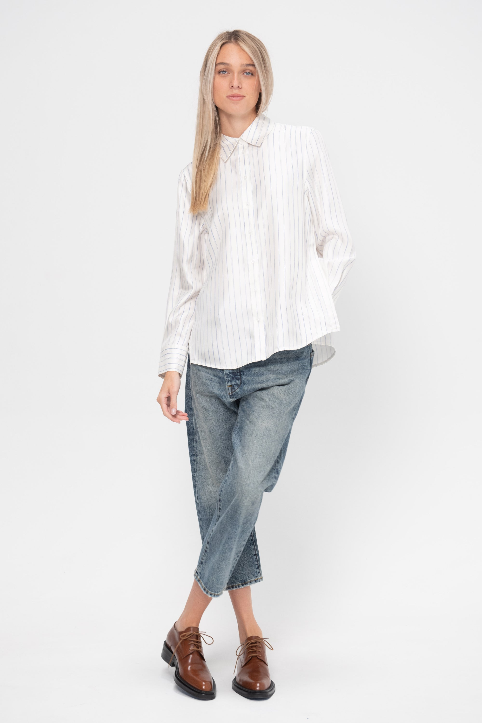 Madison Top in Stripe Silk Twill, Ivory Multi Stripe