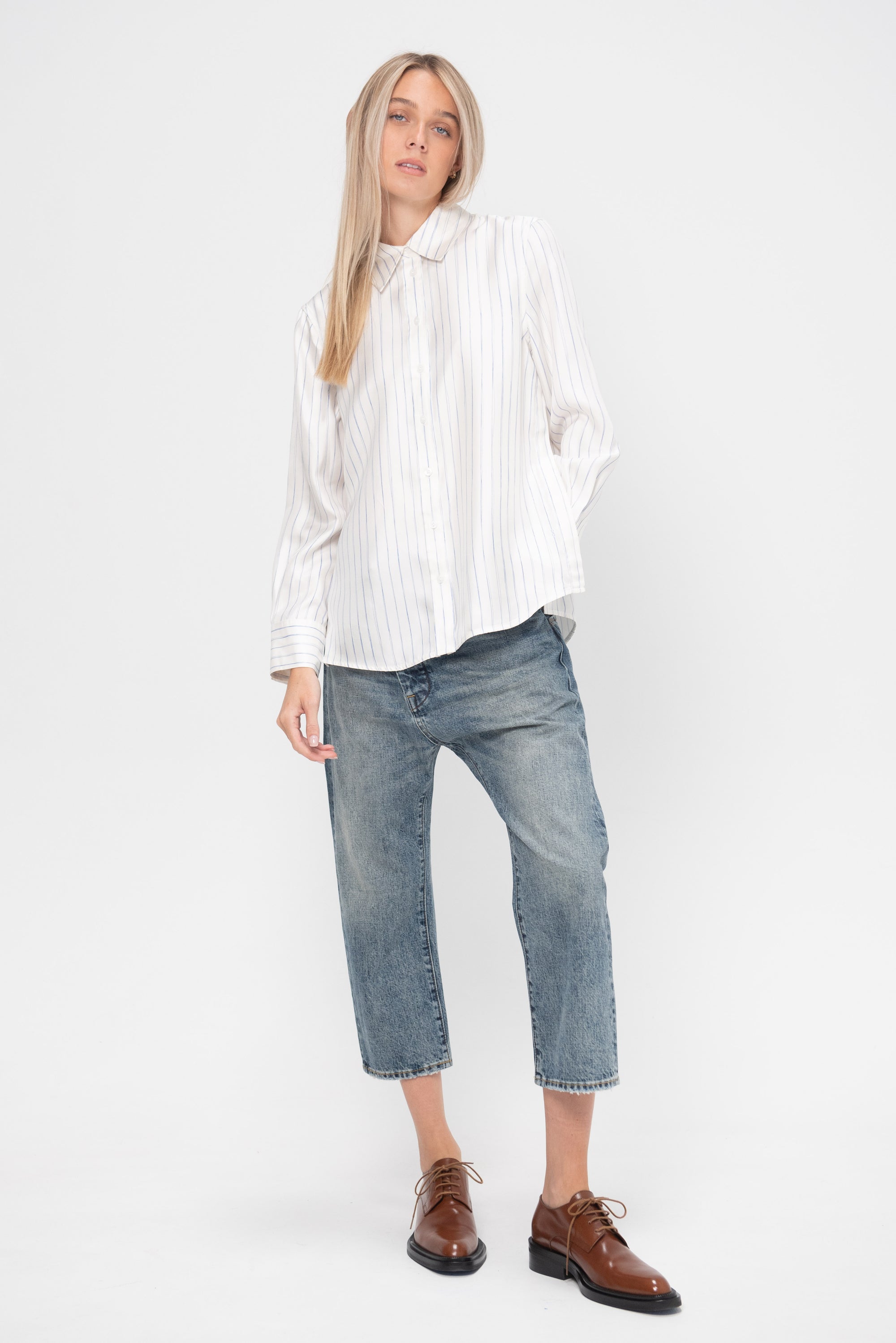 Madison Top in Stripe Silk Twill, Ivory Multi Stripe