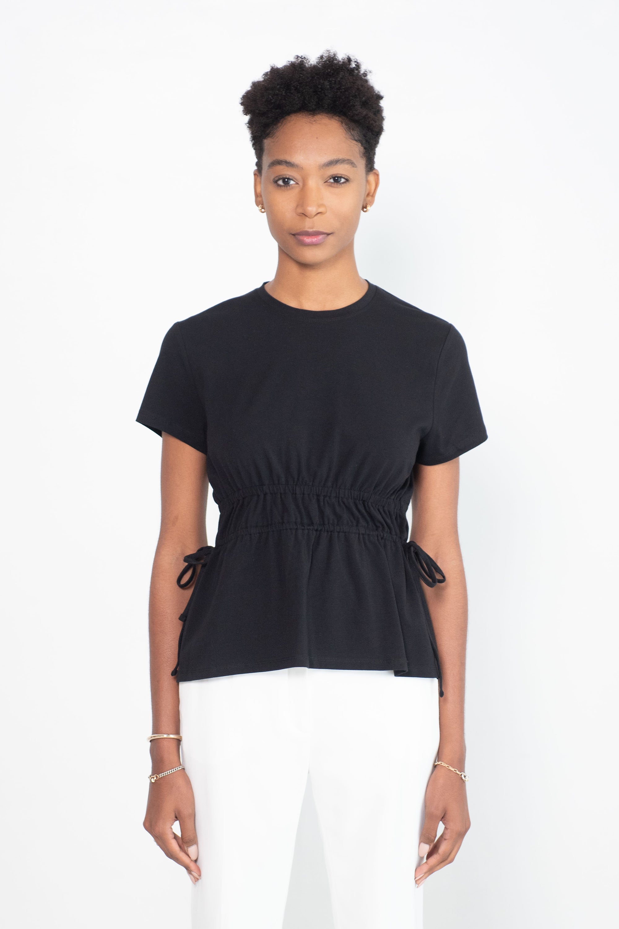 RUCHED SIDE TIE T-SHIRT, BLACK