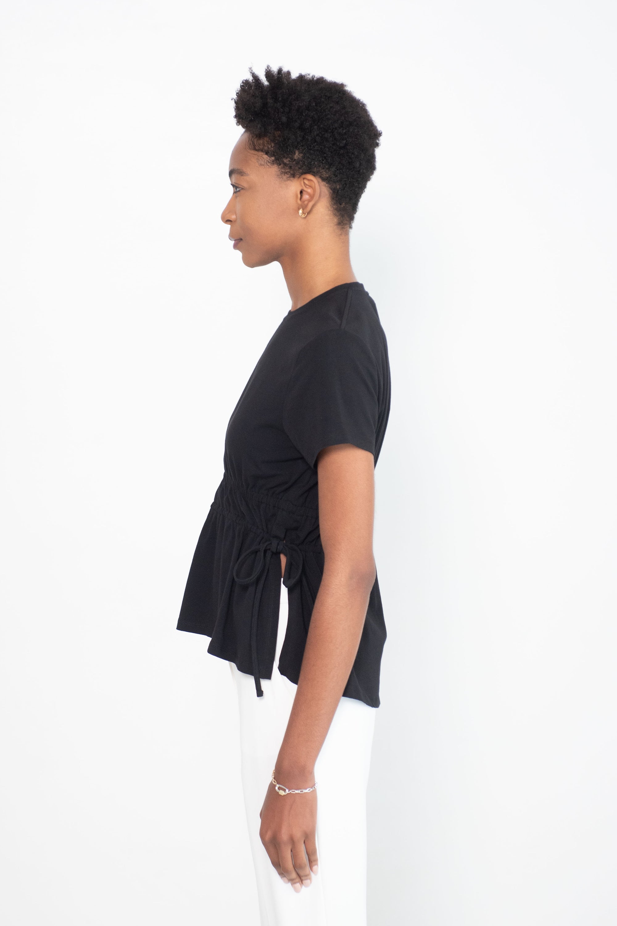 RUCHED SIDE TIE T-SHIRT, BLACK