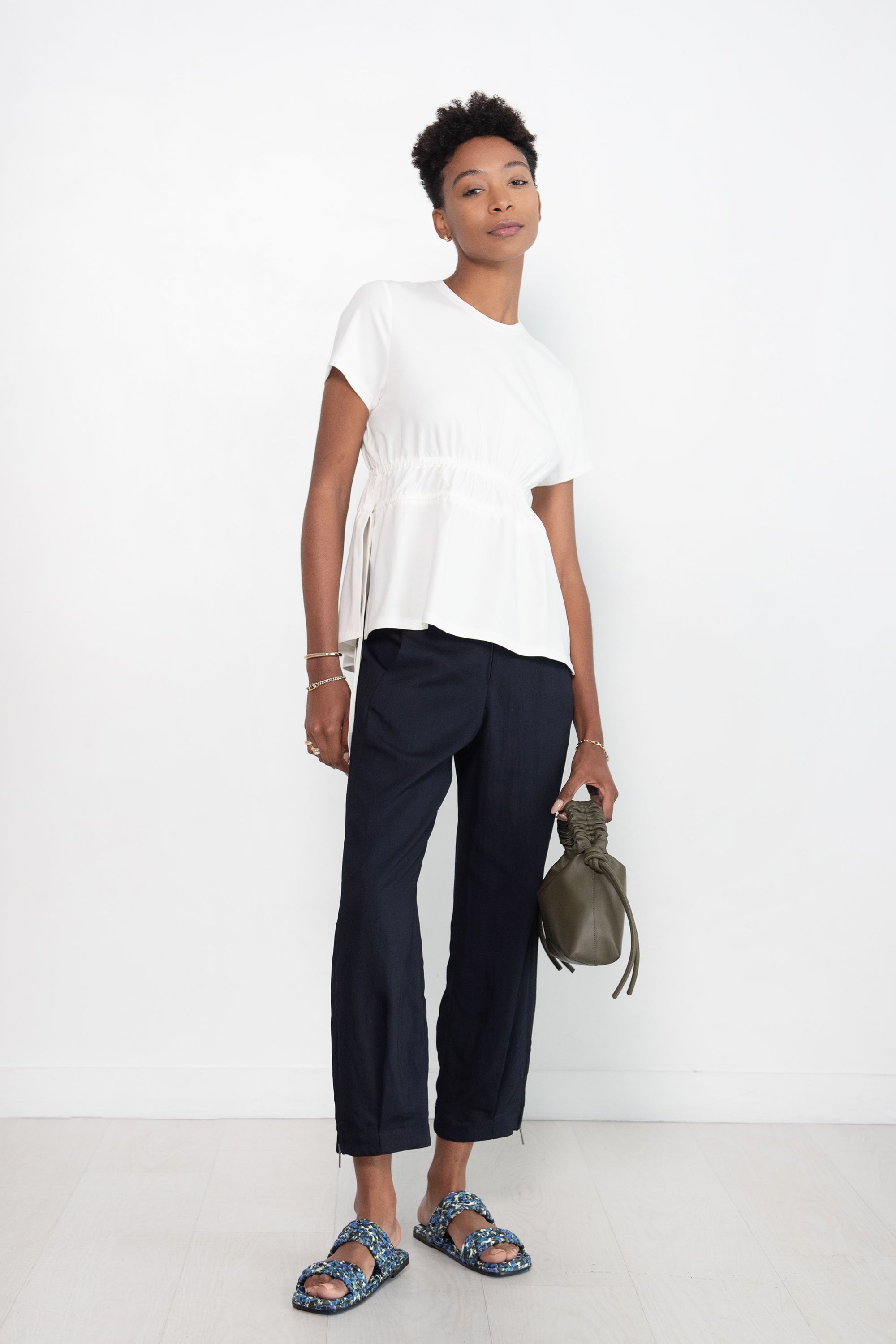 RUCHED SIDE TIE T-SHIRT, OFF WHITE