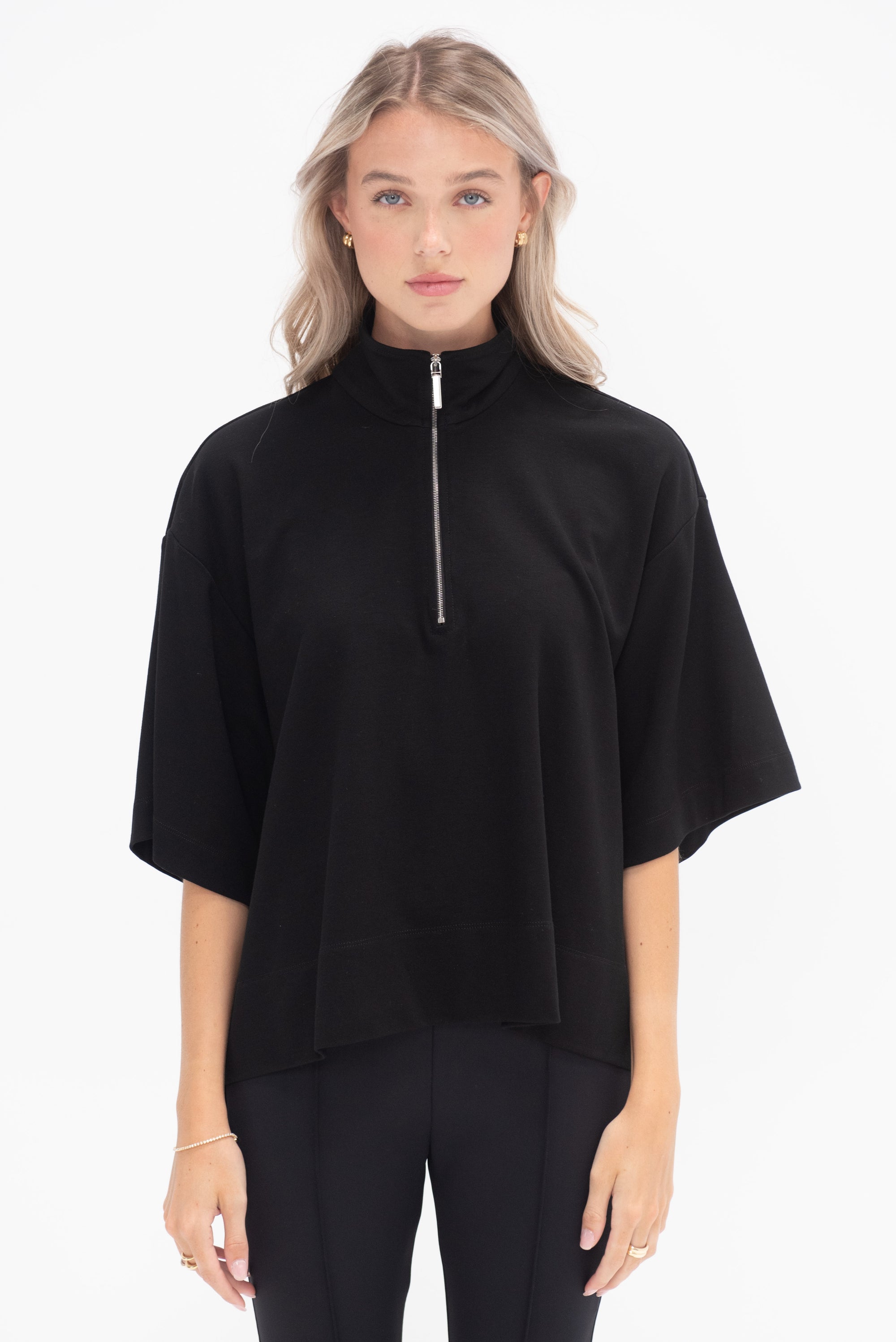 ROSETTA GETTY - Zip Up Oversized Polo Top, Black