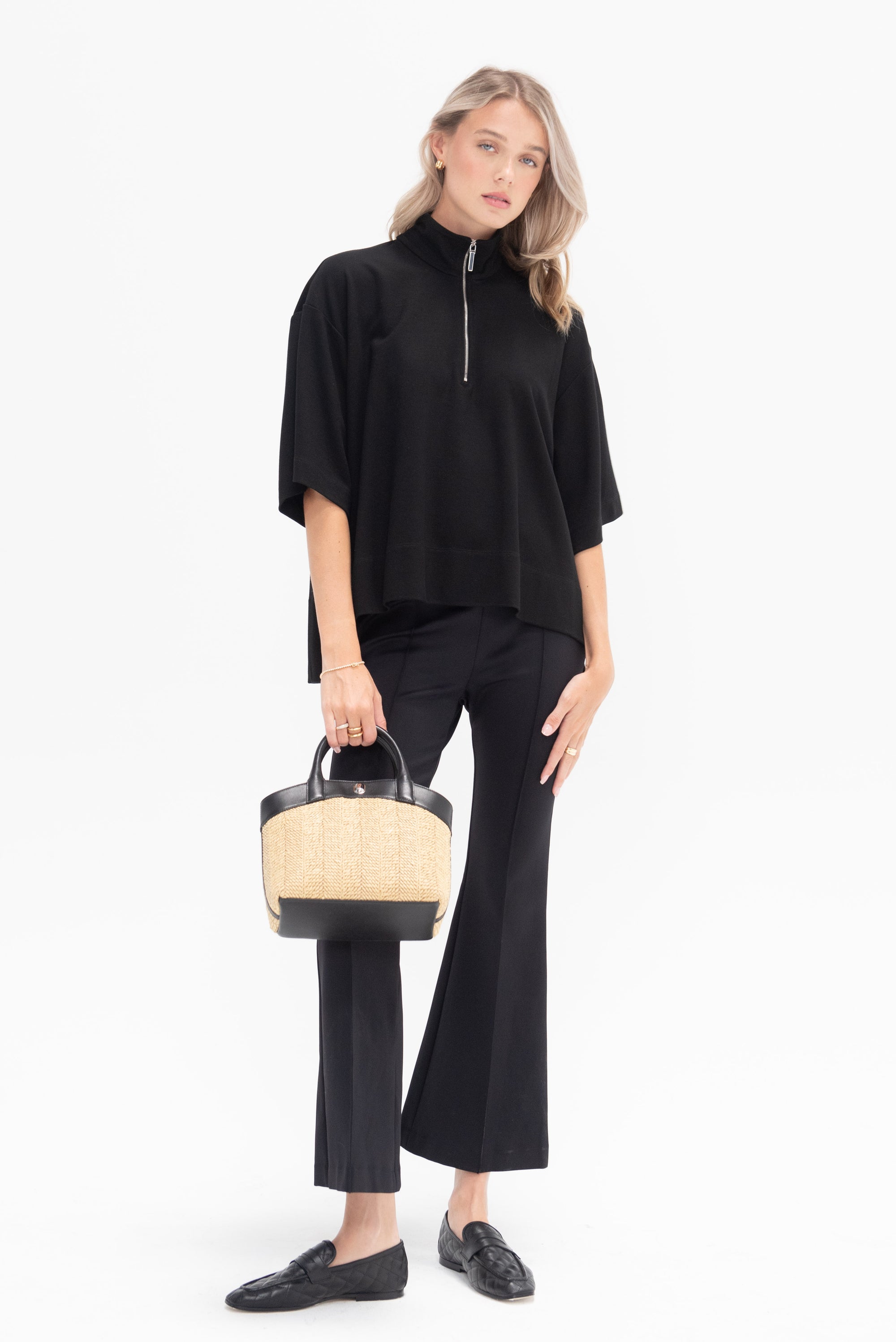 ROSETTA GETTY - Zip Up Oversized Polo Top, Black