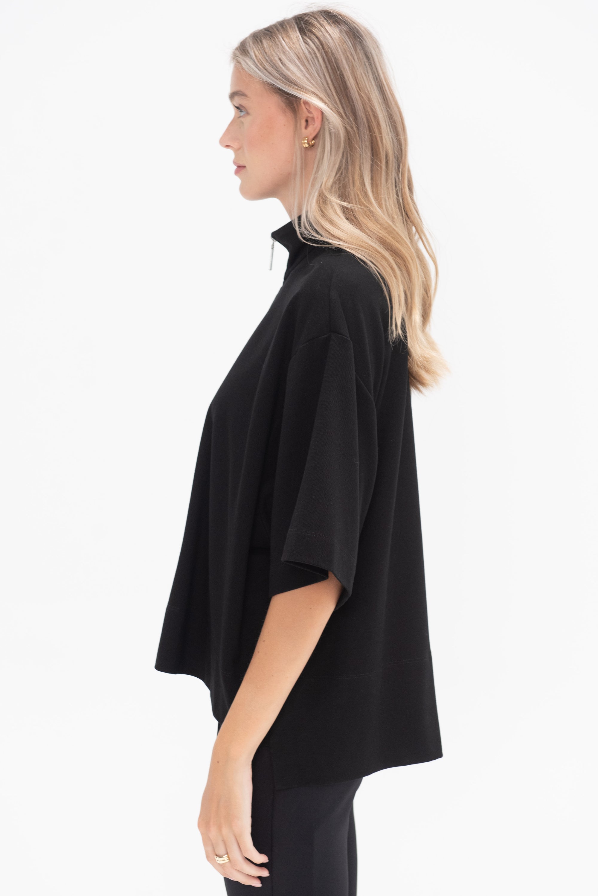 ROSETTA GETTY - Zip Up Oversized Polo Top, Black