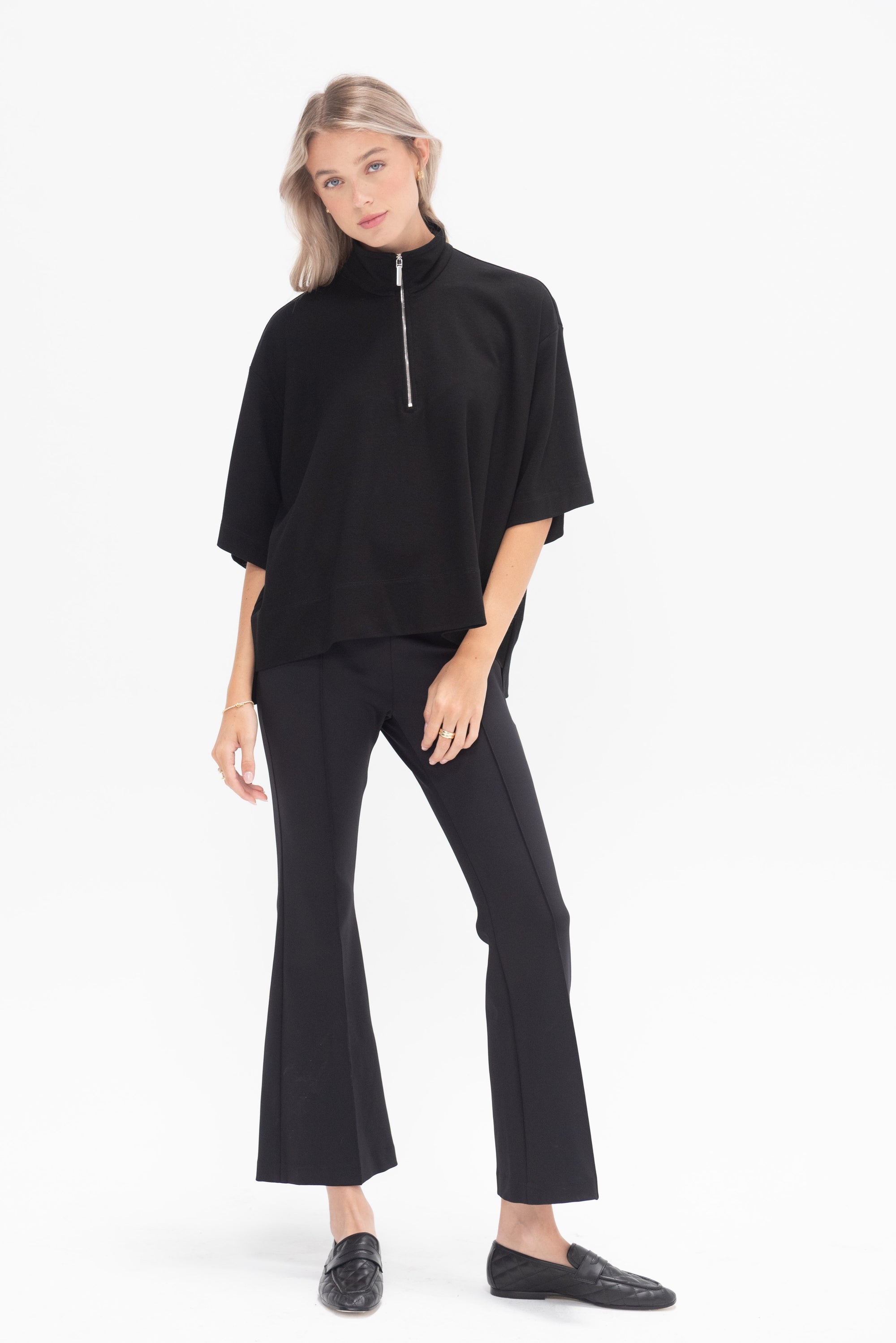 ROSETTA GETTY - Zip Up Oversized Polo Top, Black