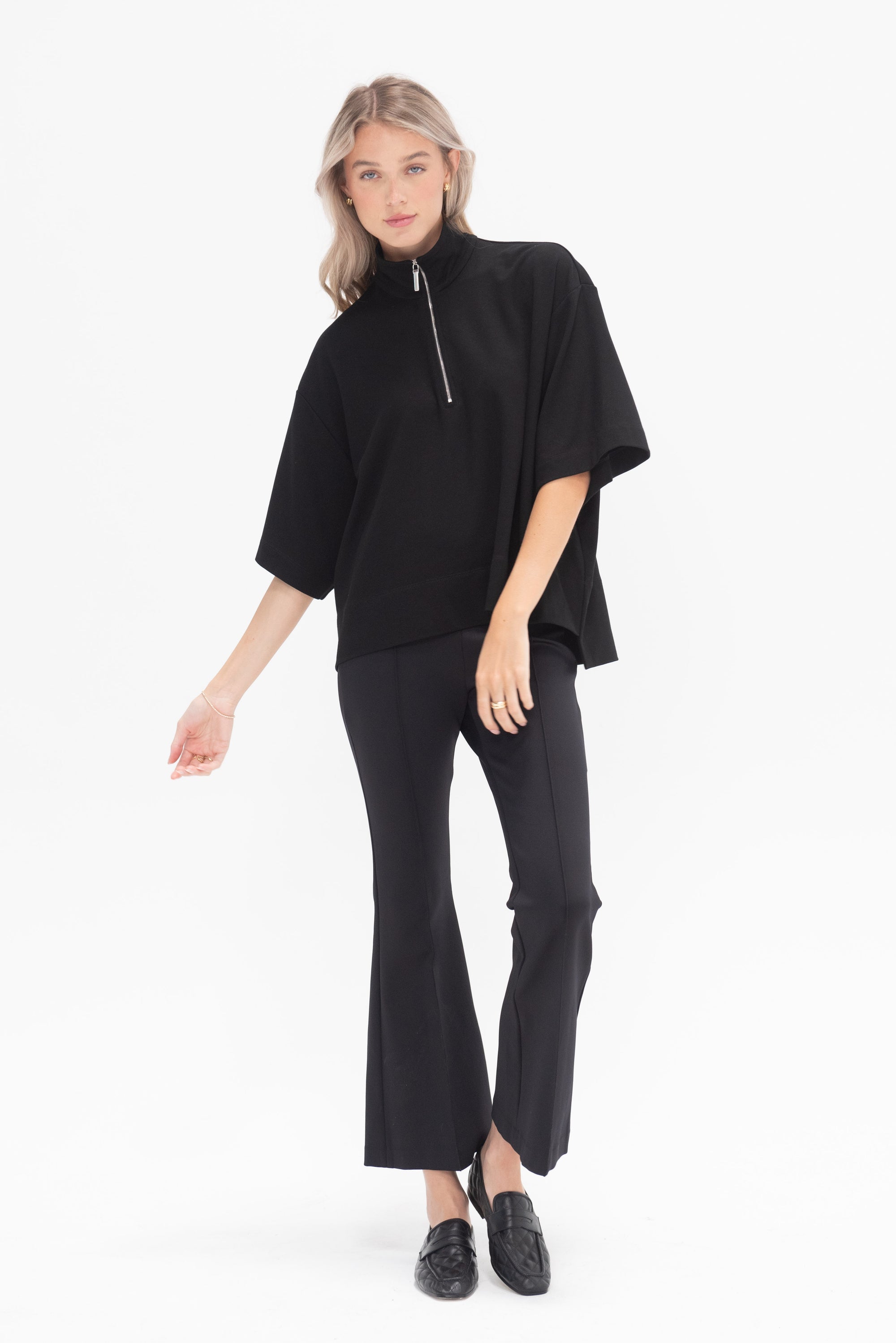 ROSETTA GETTY - Zip Up Oversized Polo Top, Black