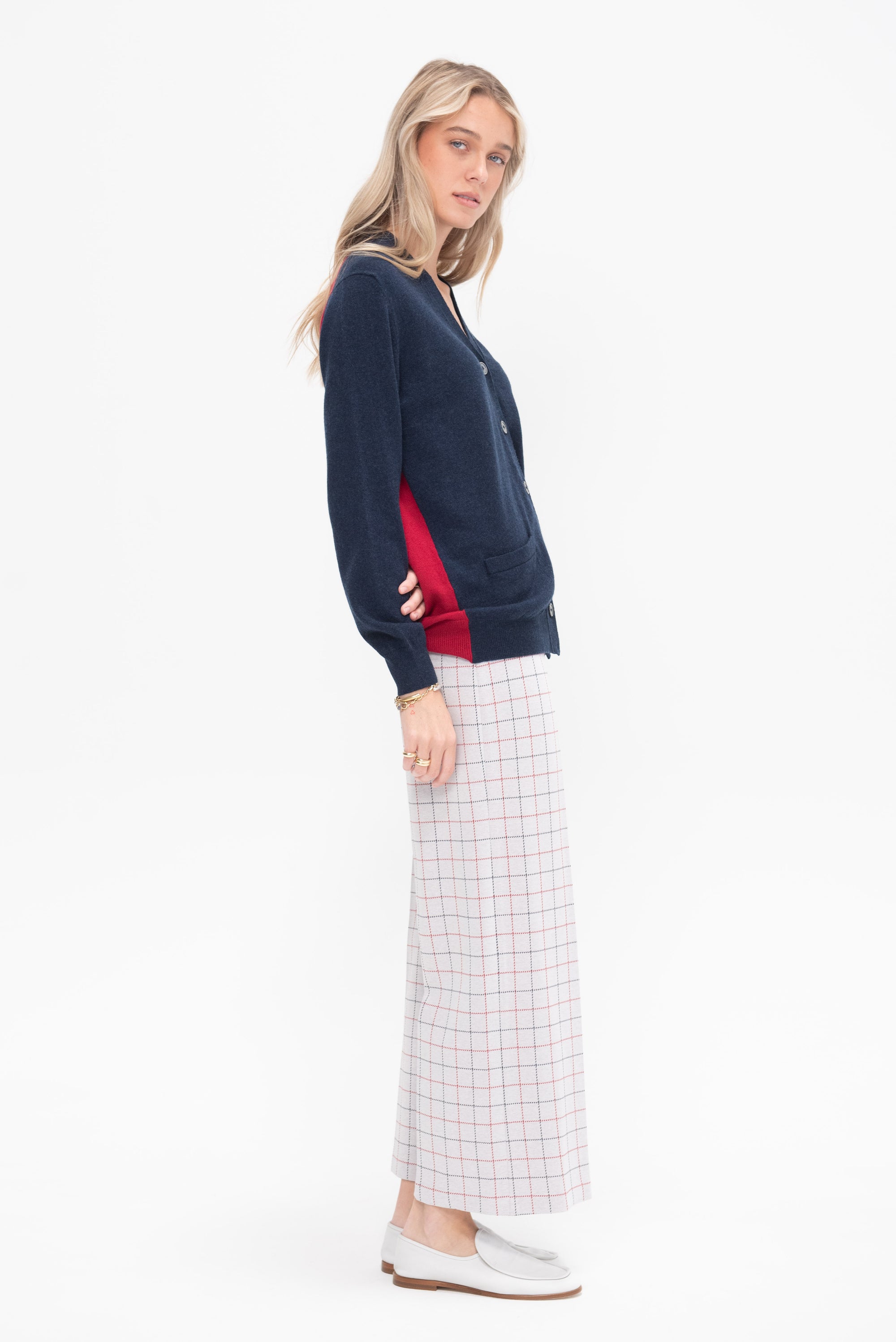 Pull On Cropped Straight Striped Windowpane, Navy &amp; Red