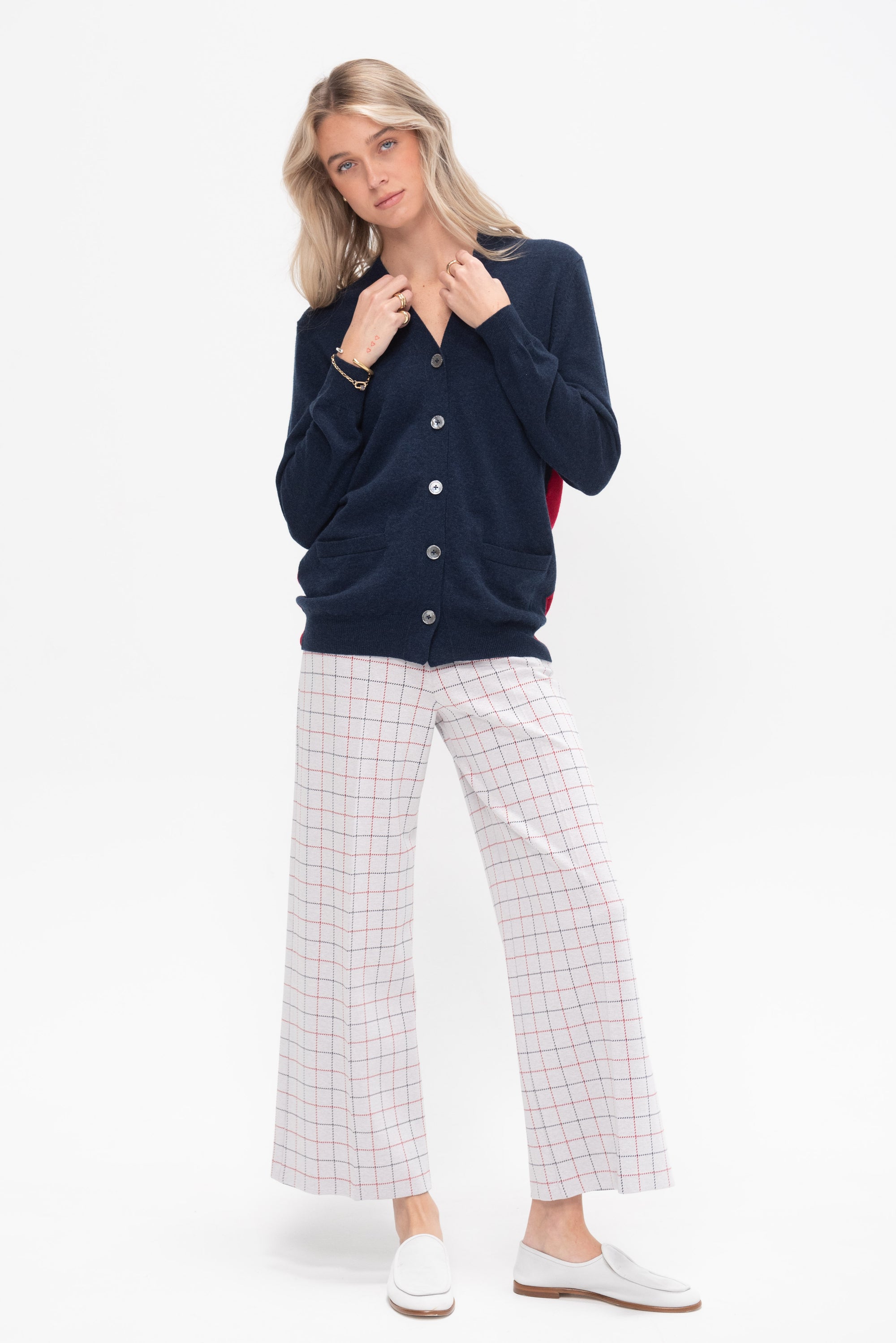 Pull On Cropped Straight Striped Windowpane, Navy &amp; Red