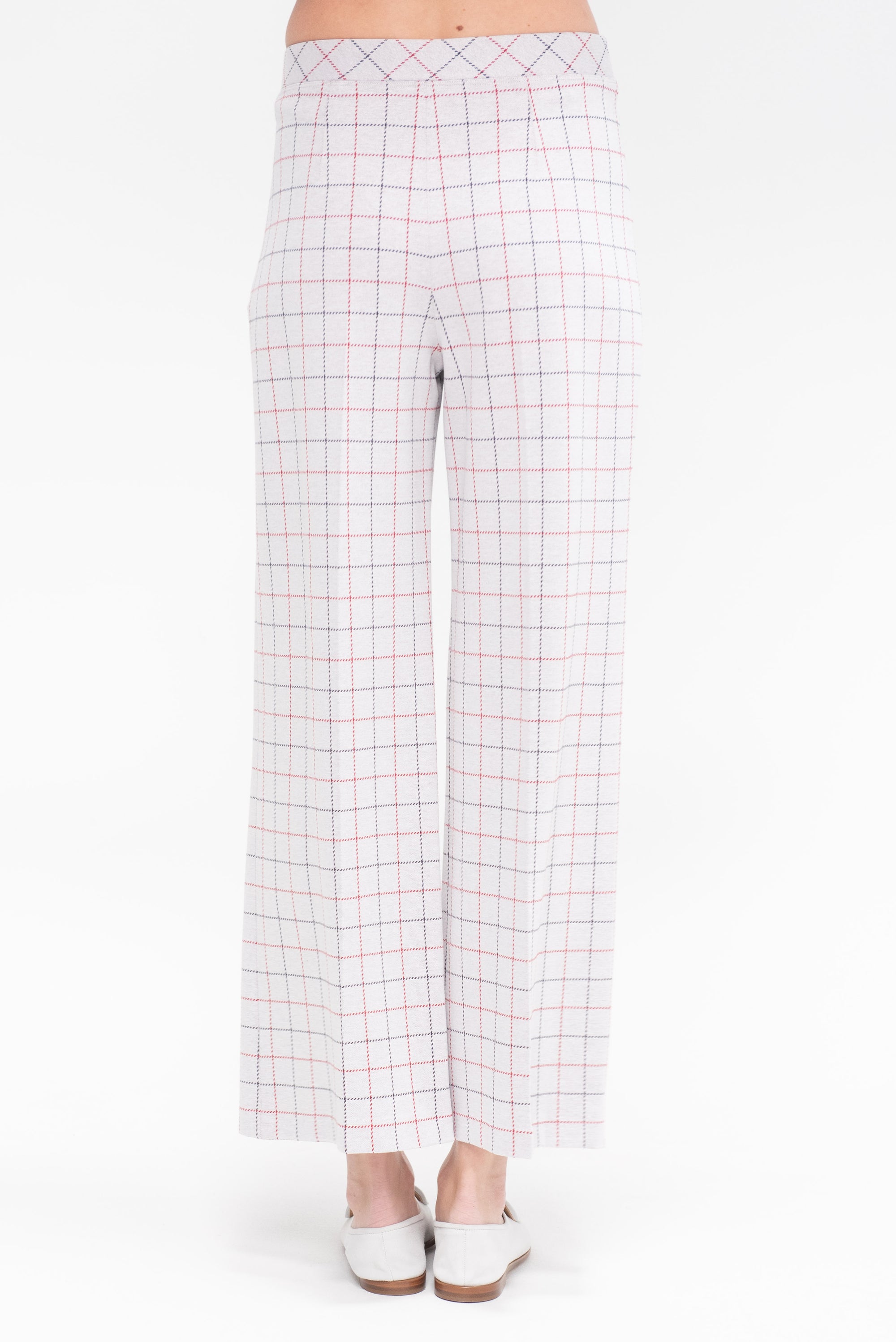 Pull On Cropped Straight Striped Windowpane, Navy &amp; Red