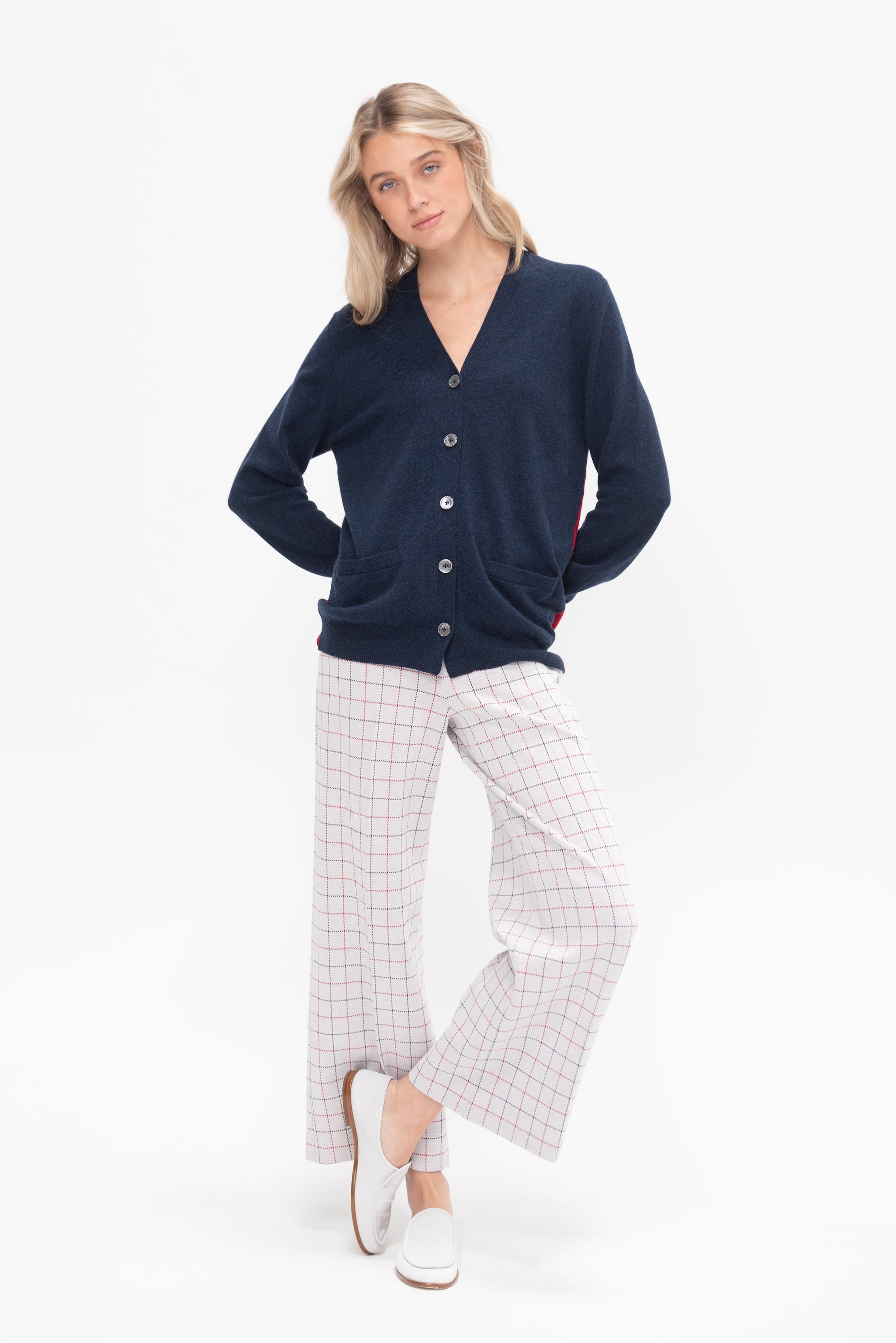 Pull On Cropped Straight Striped Windowpane, Navy &amp; Red