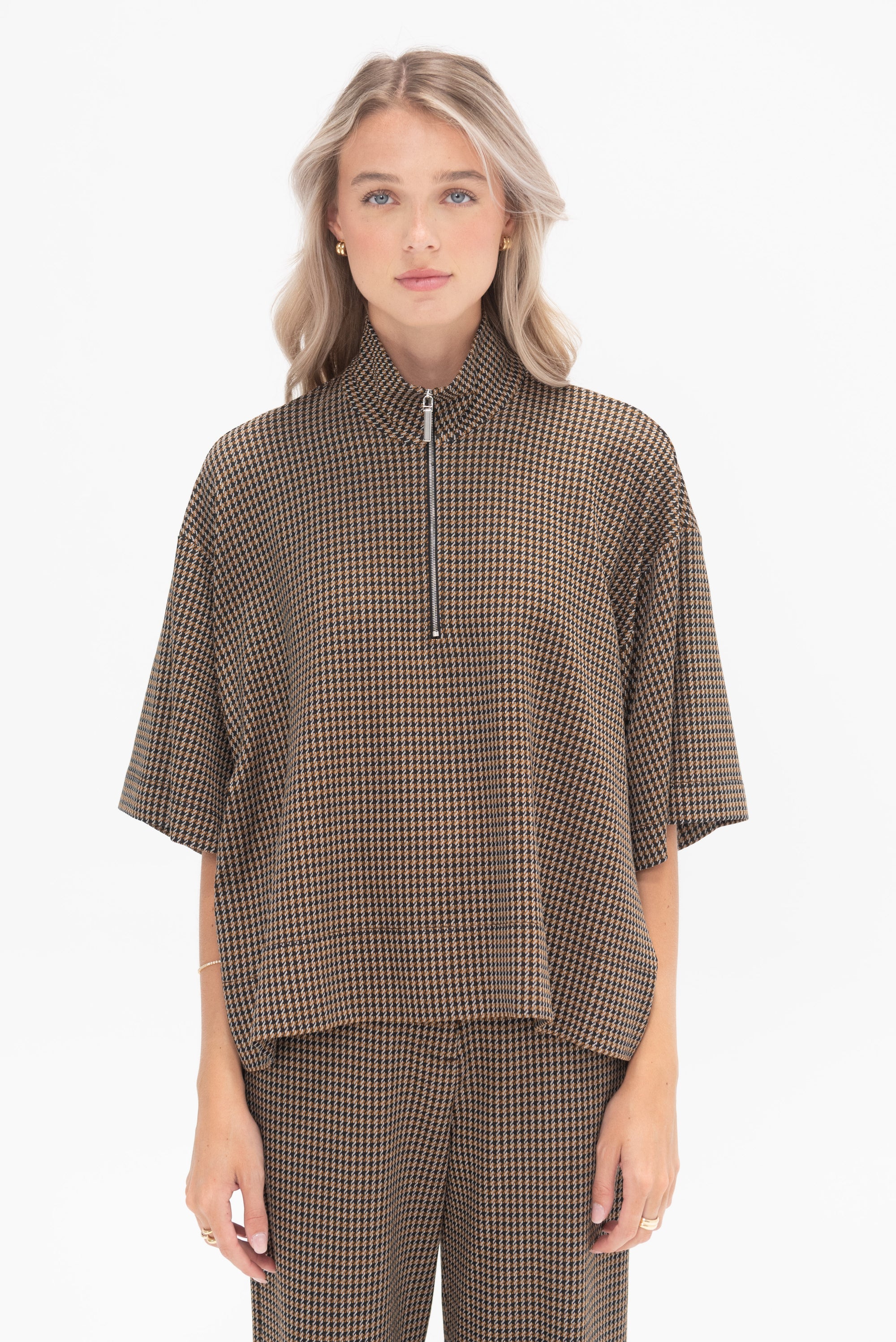 ROSETTA GETTY - Zip Up Oversized Polo Top, Houndstooth