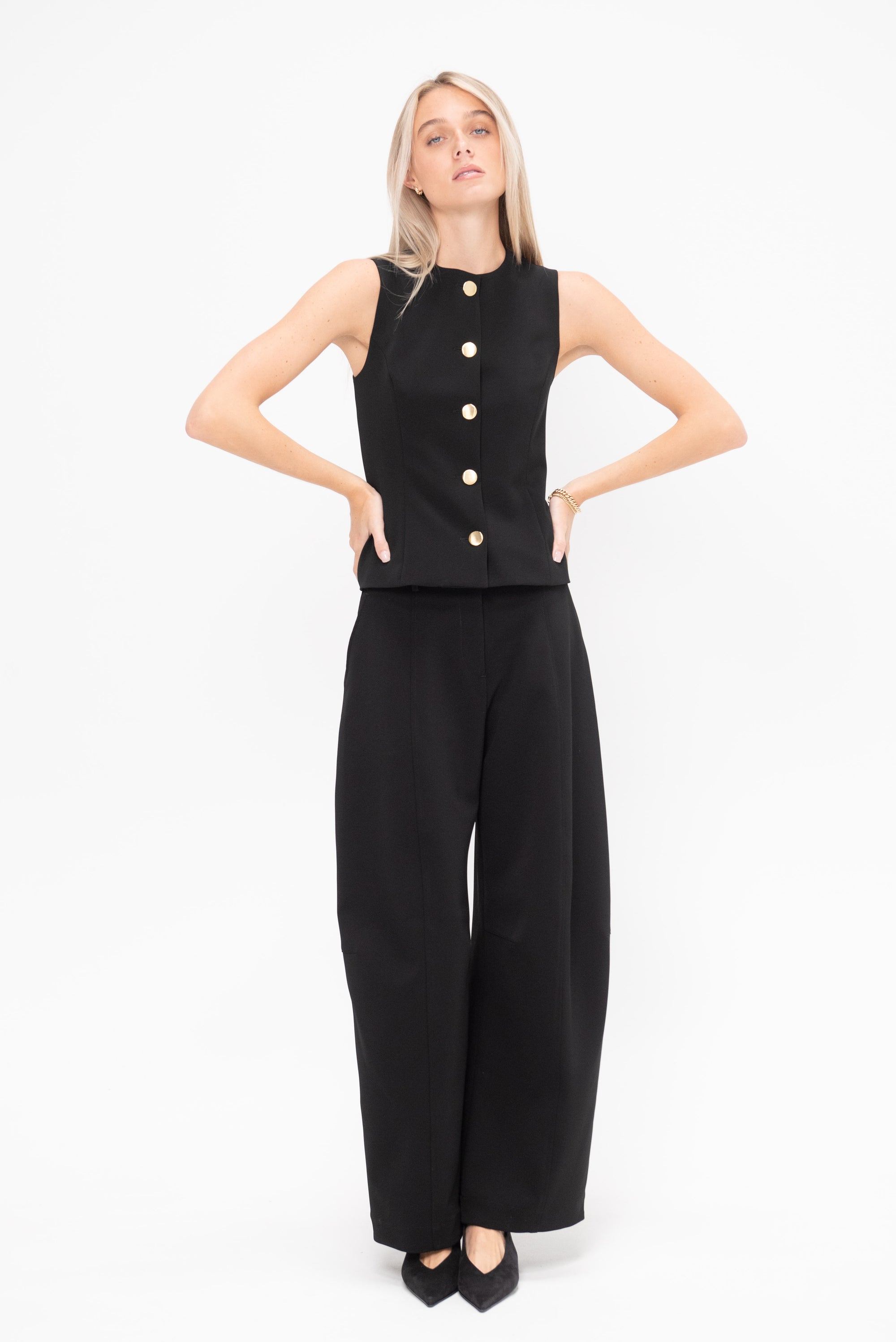 Sleeveless Button Front Top, Black