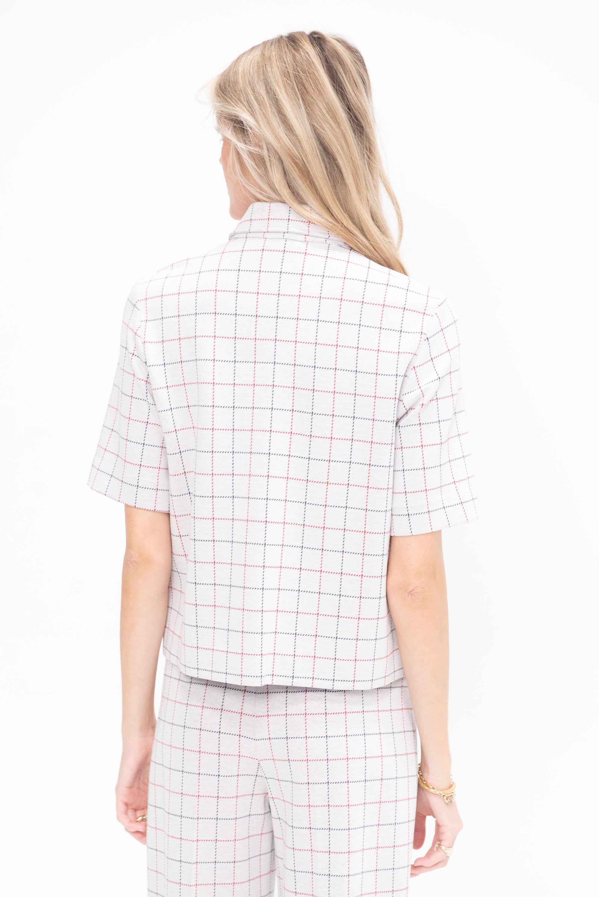 Boxy Polo T Shirt Striped Windowpane, Navy &amp; Red