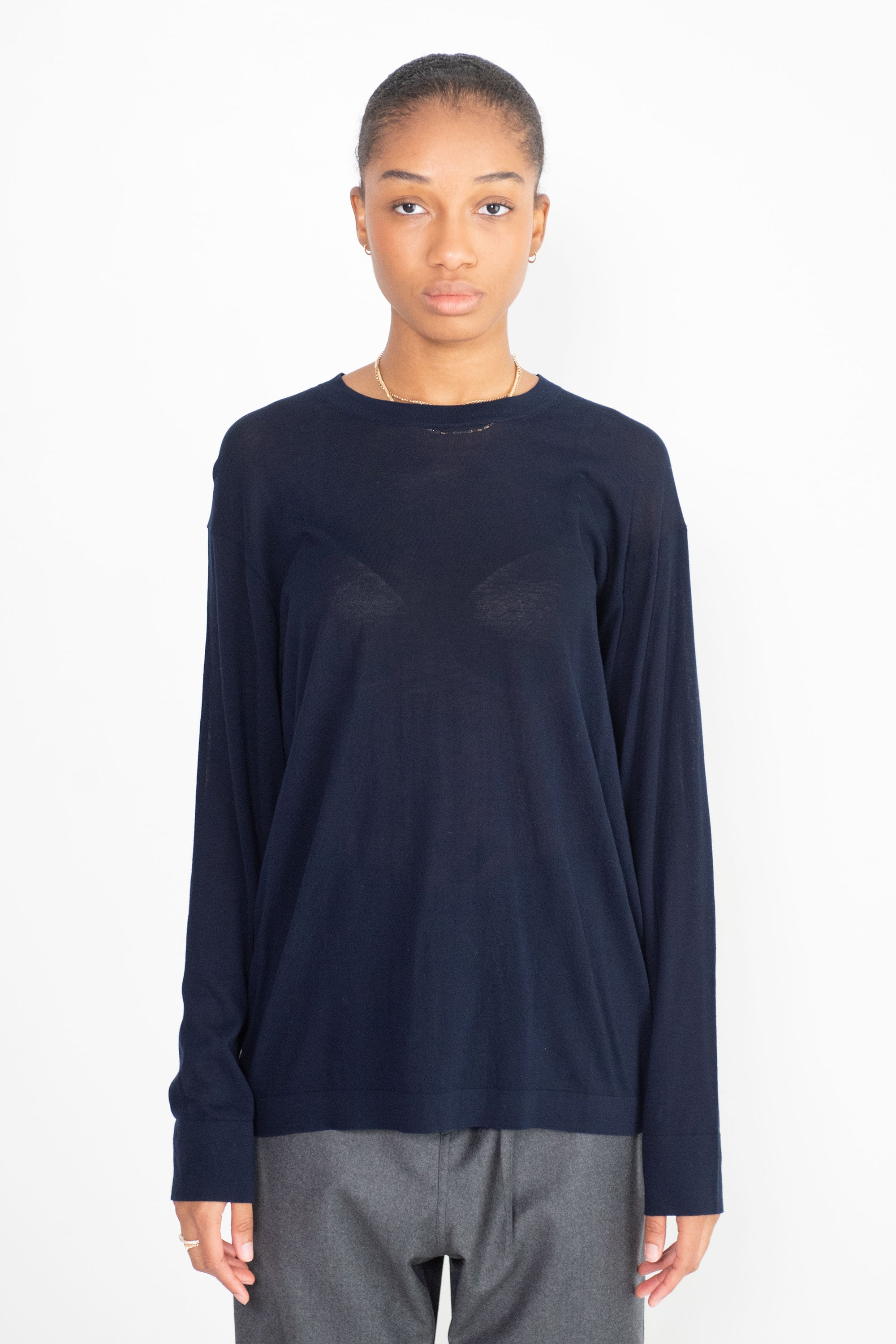 ZUKA LONG SLEEVE CREPE COTTON TOP, NAVY