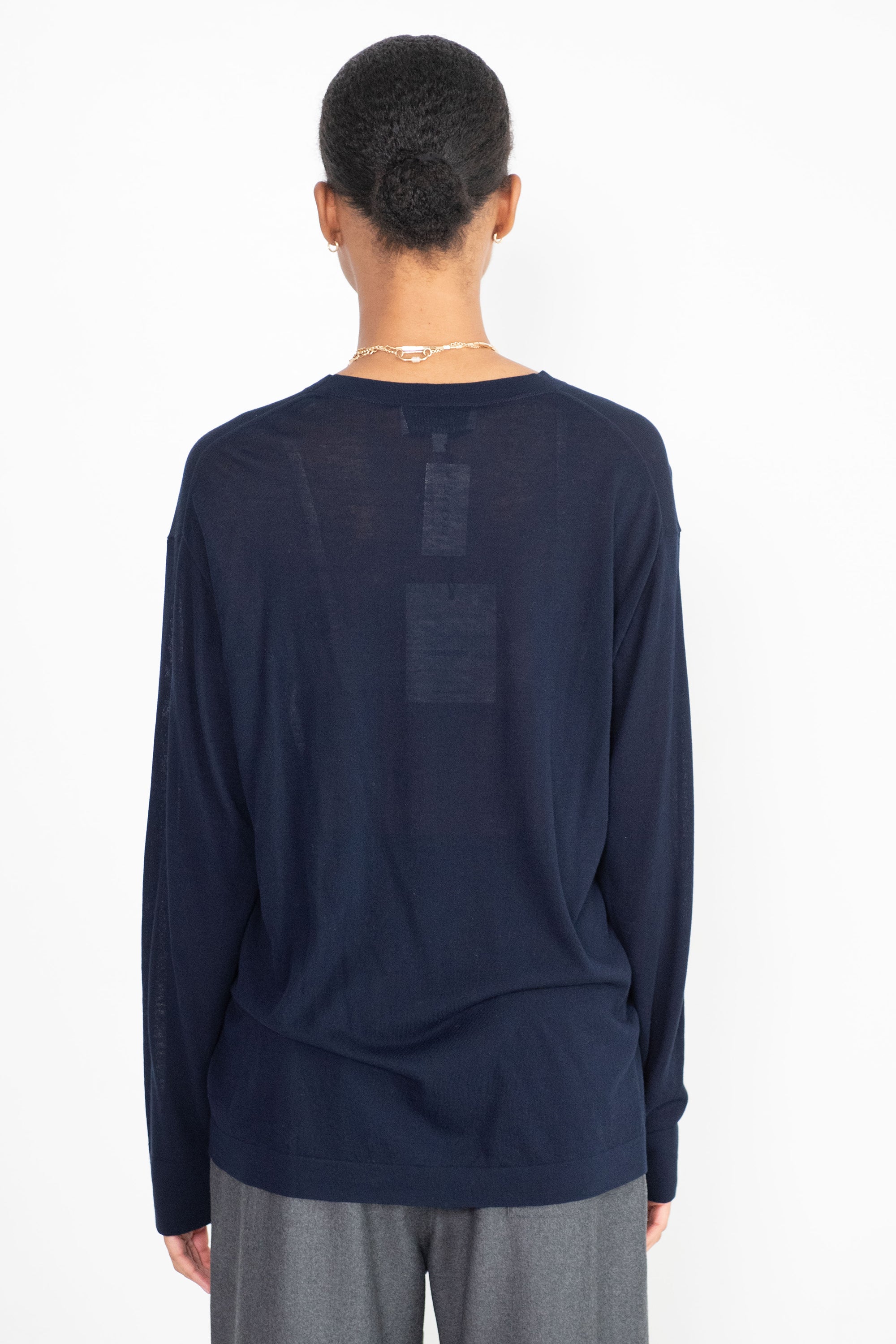 ZUKA LONG SLEEVE CREPE COTTON TOP, NAVY