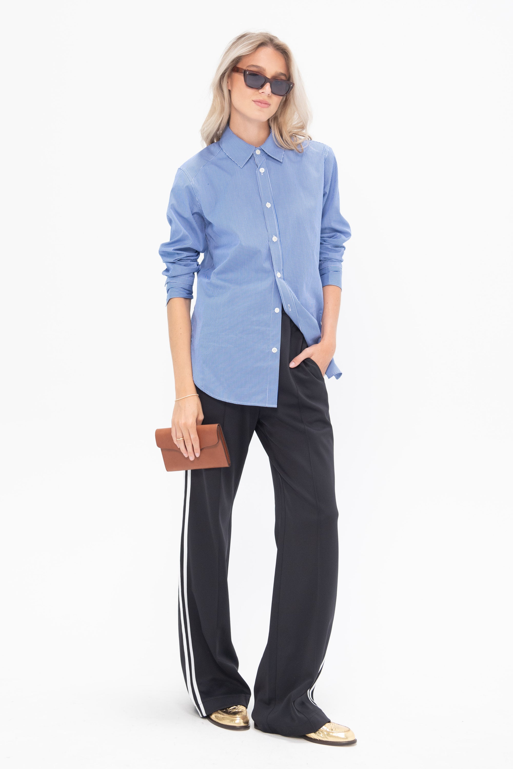 TIBI - Mini Check Shirting Detached Slim Shirt, Blue Multi