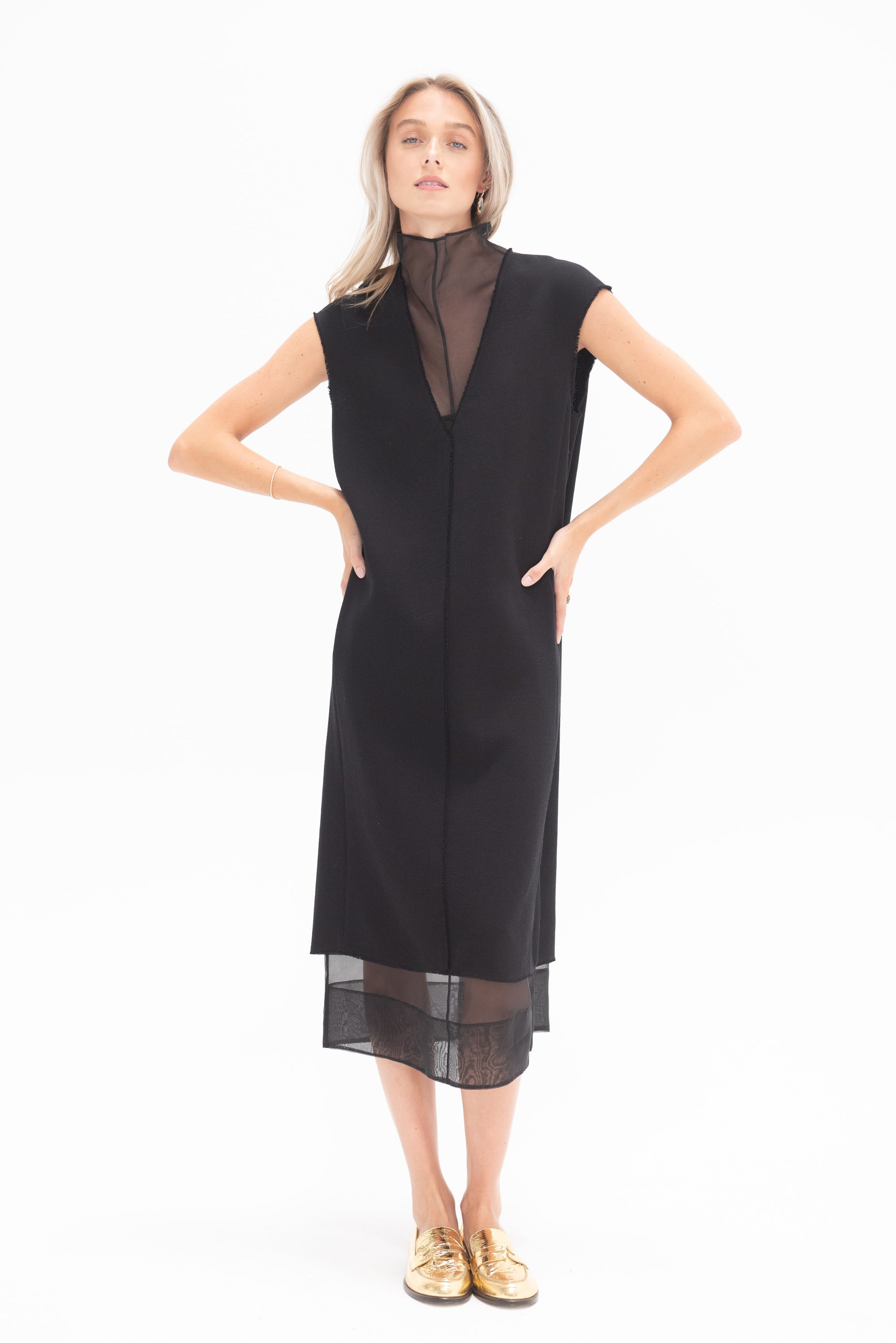 TIBI - Melee Crepe V-Neck Dress With Organza Lining, Black