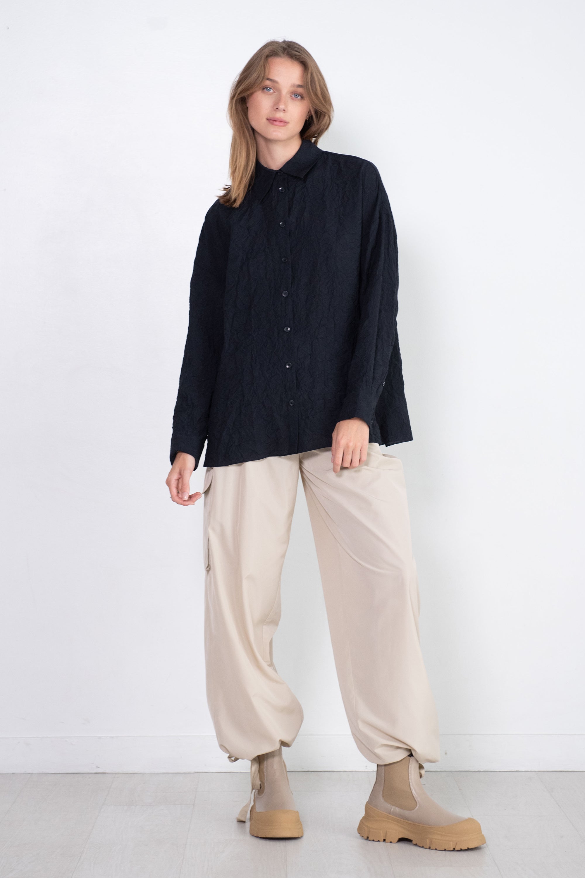 Crinkle Black Oversized Linen Shirt –