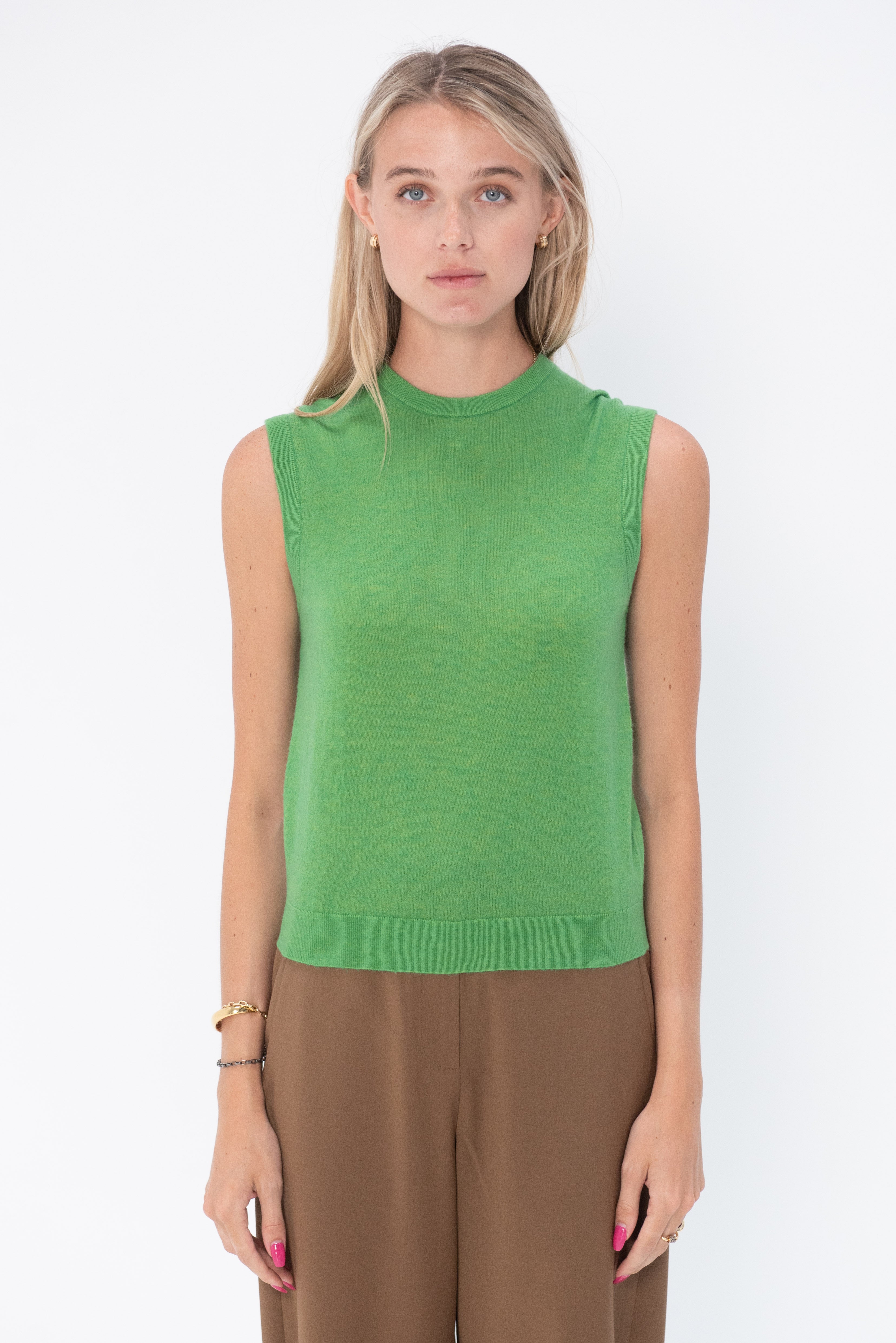 Tibi Skinlike Mercerized Wool Sleeveless Sweater Green Kick Pleat