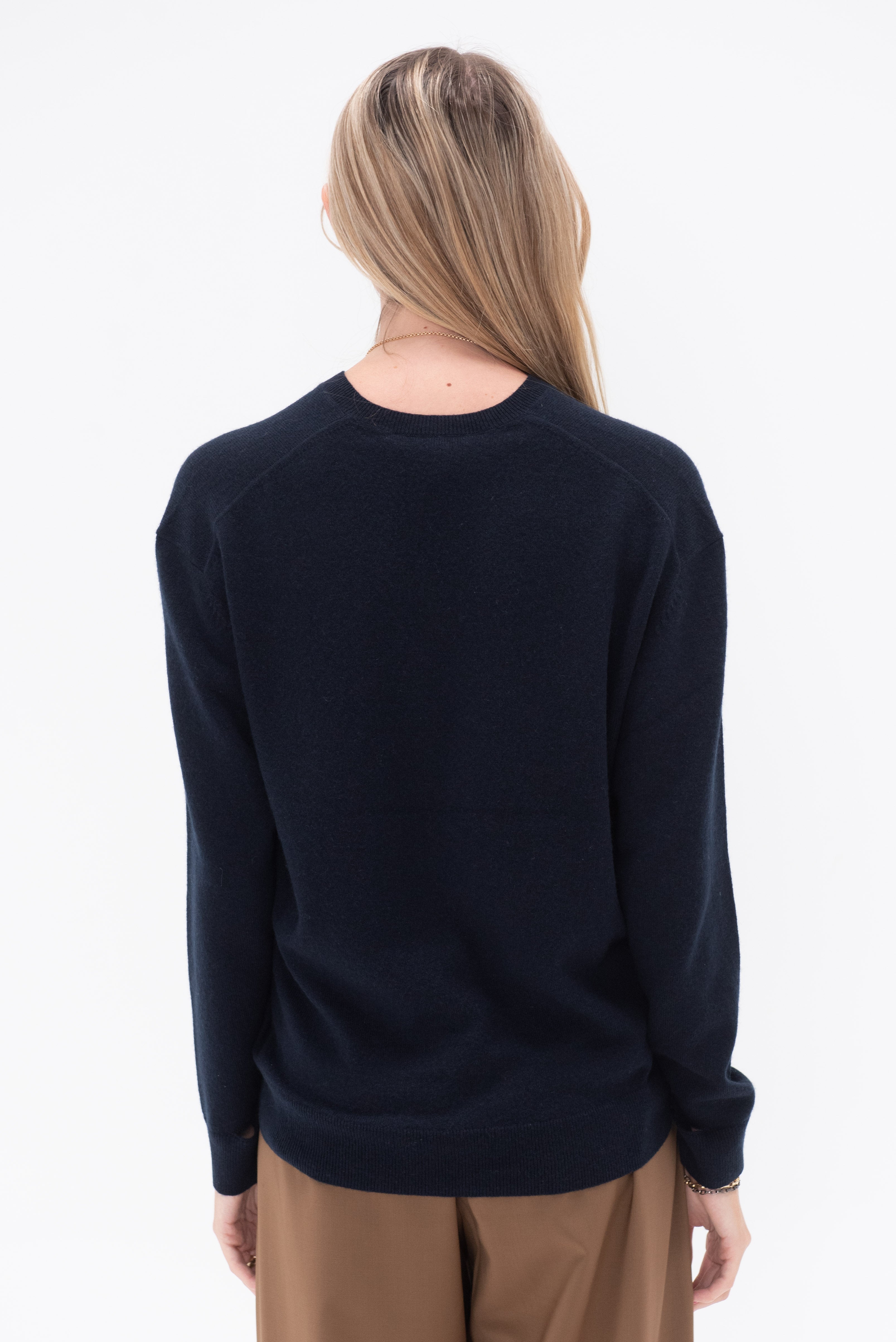 Tibi Washable Cashmere Easy V Neck Sweater Navy Kick Pleat