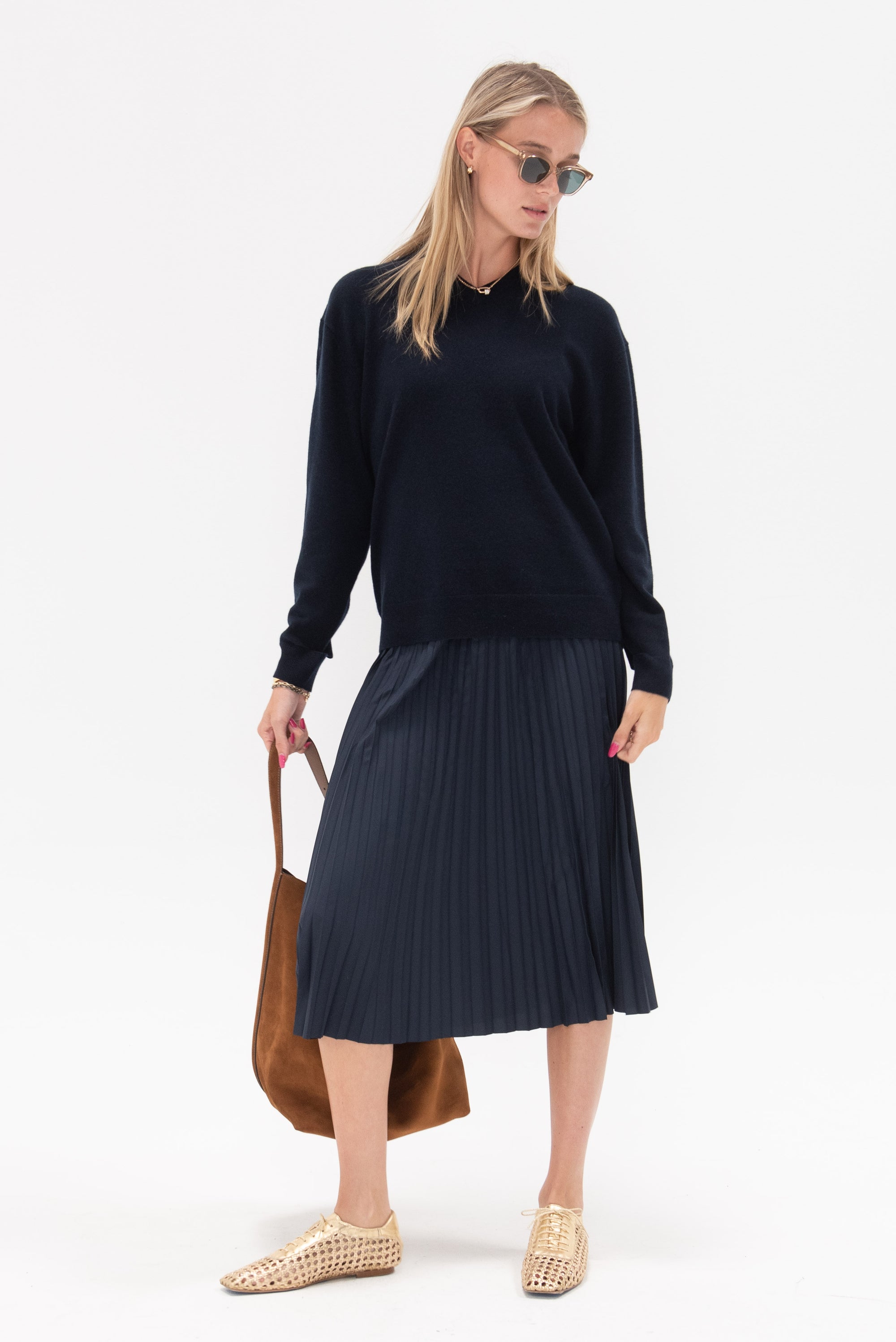 TIBI - Nylon Pleating Sunray Pull On Skirt, Navy