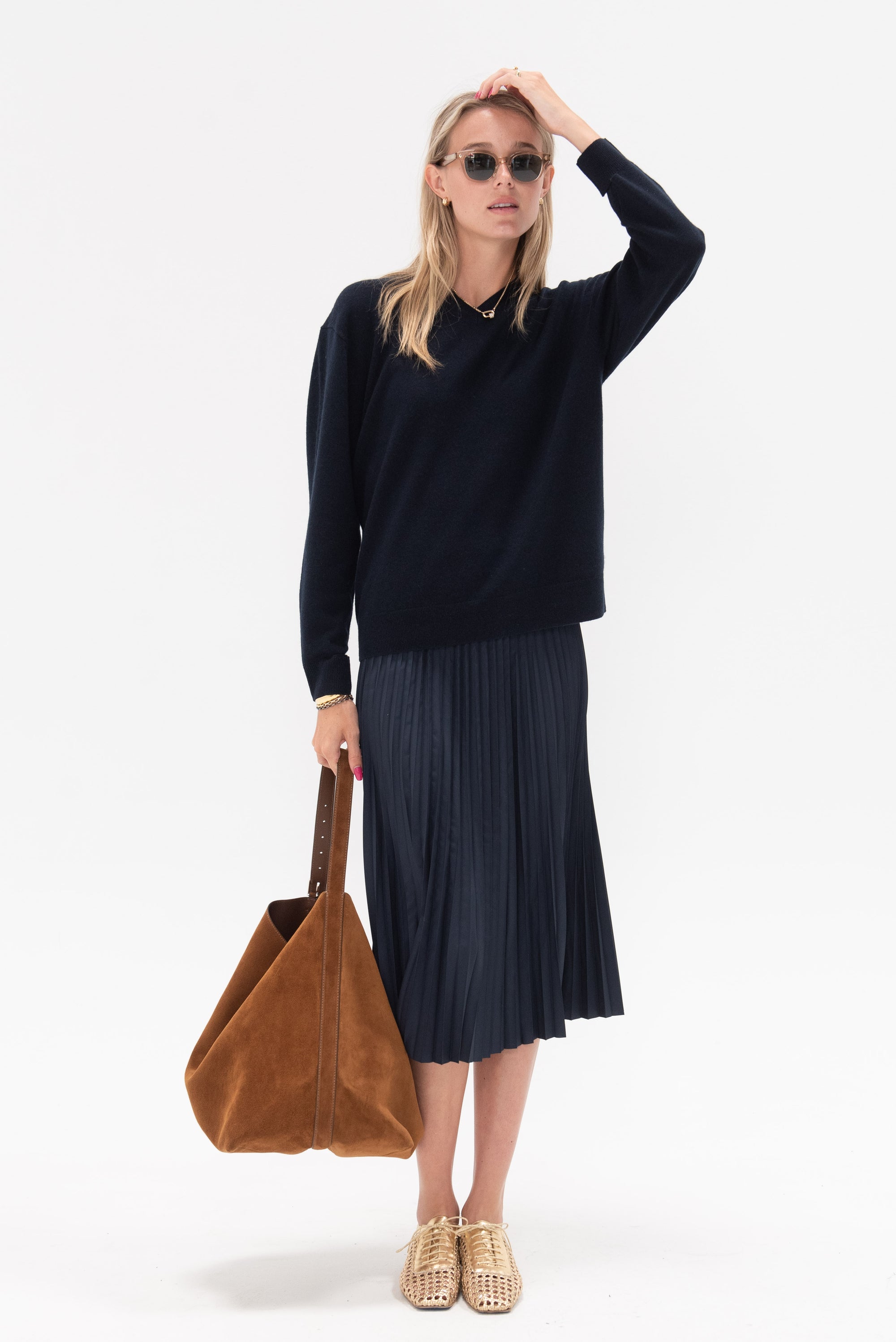 TIBI - Nylon Pleating Sunray Pull On Skirt, Navy