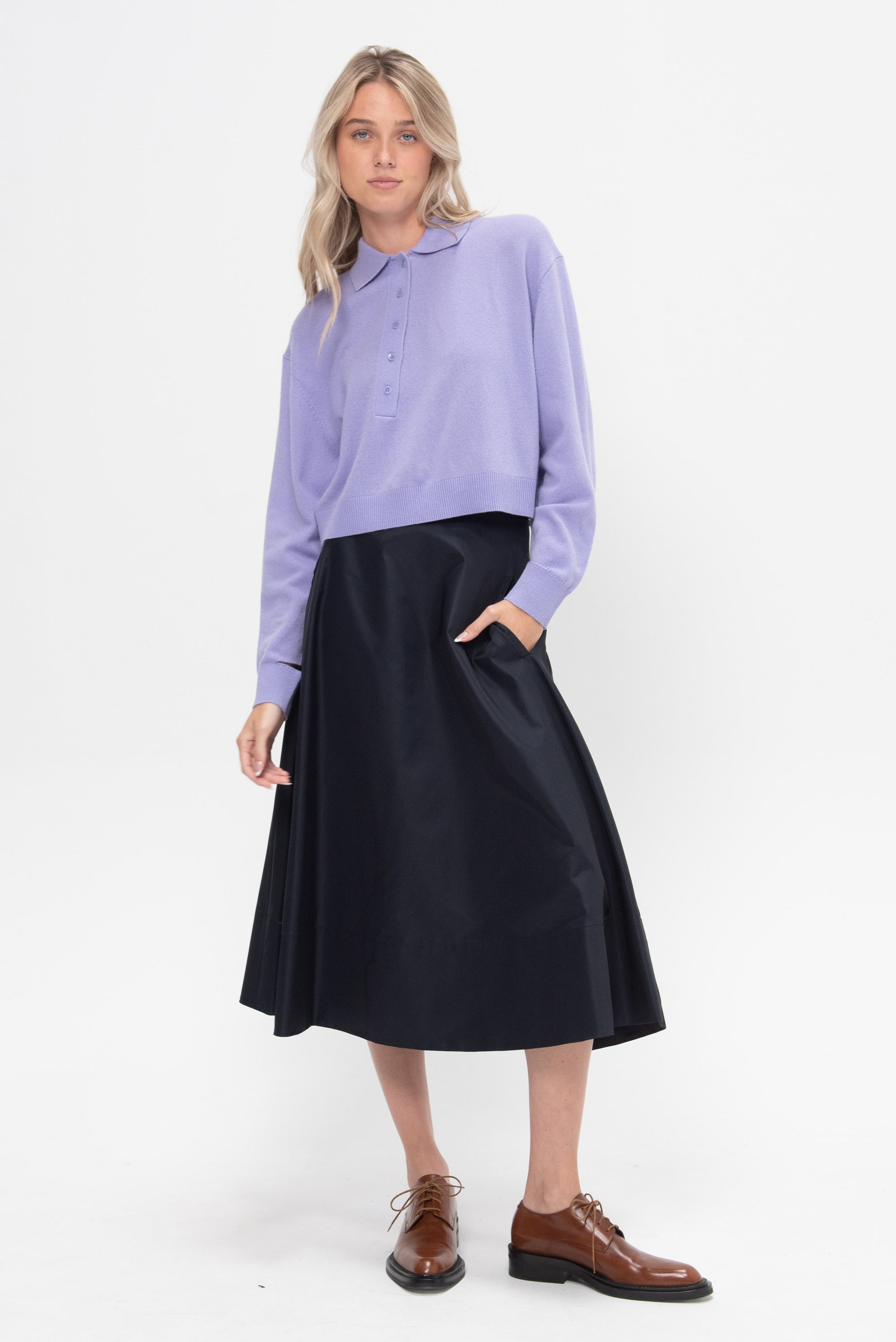 Washable Cashmere Easy Polo Cropped Sweater, Lavender