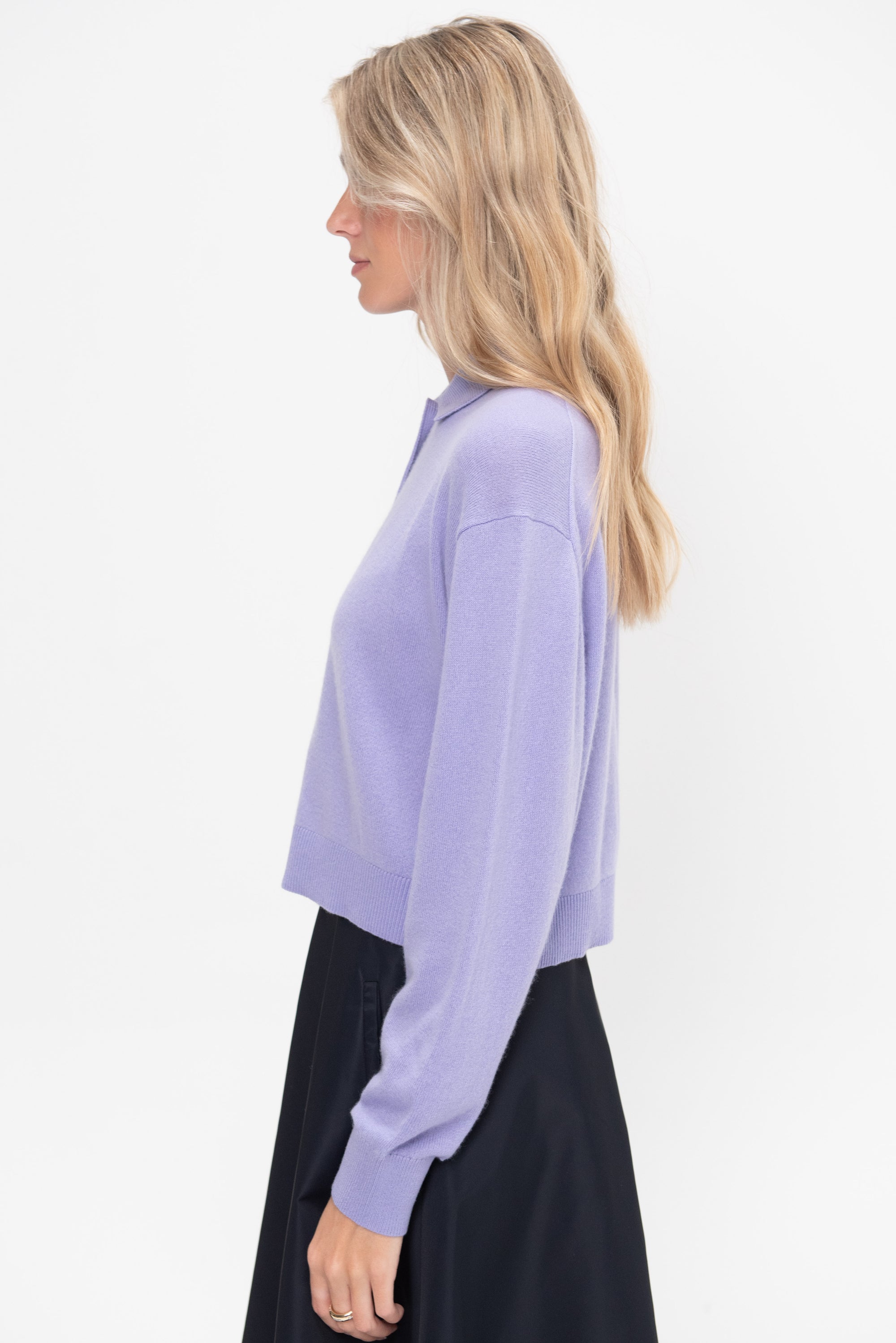 Washable Cashmere Easy Polo Cropped Sweater, Lavender