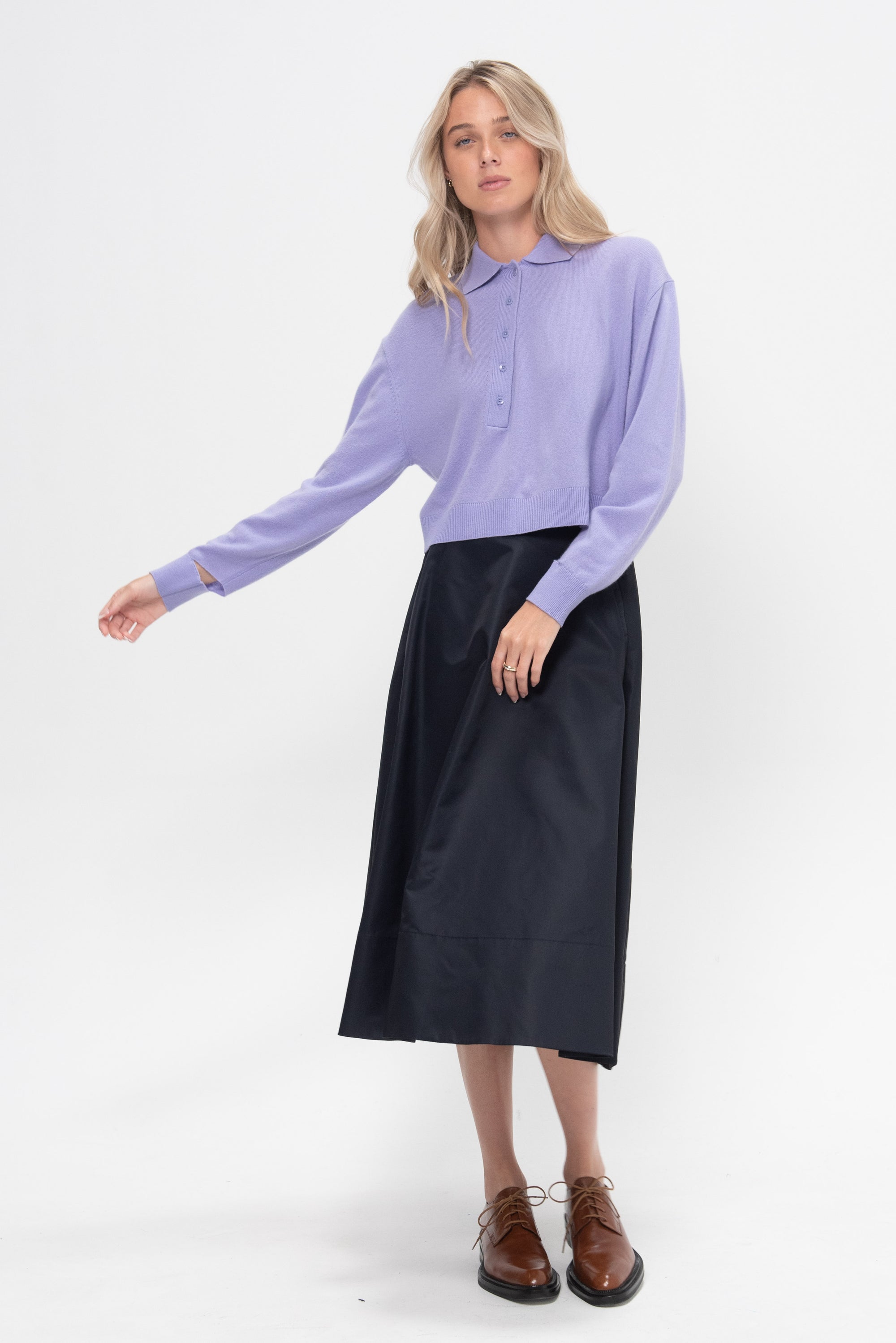 Washable Cashmere Easy Polo Cropped Sweater, Lavender