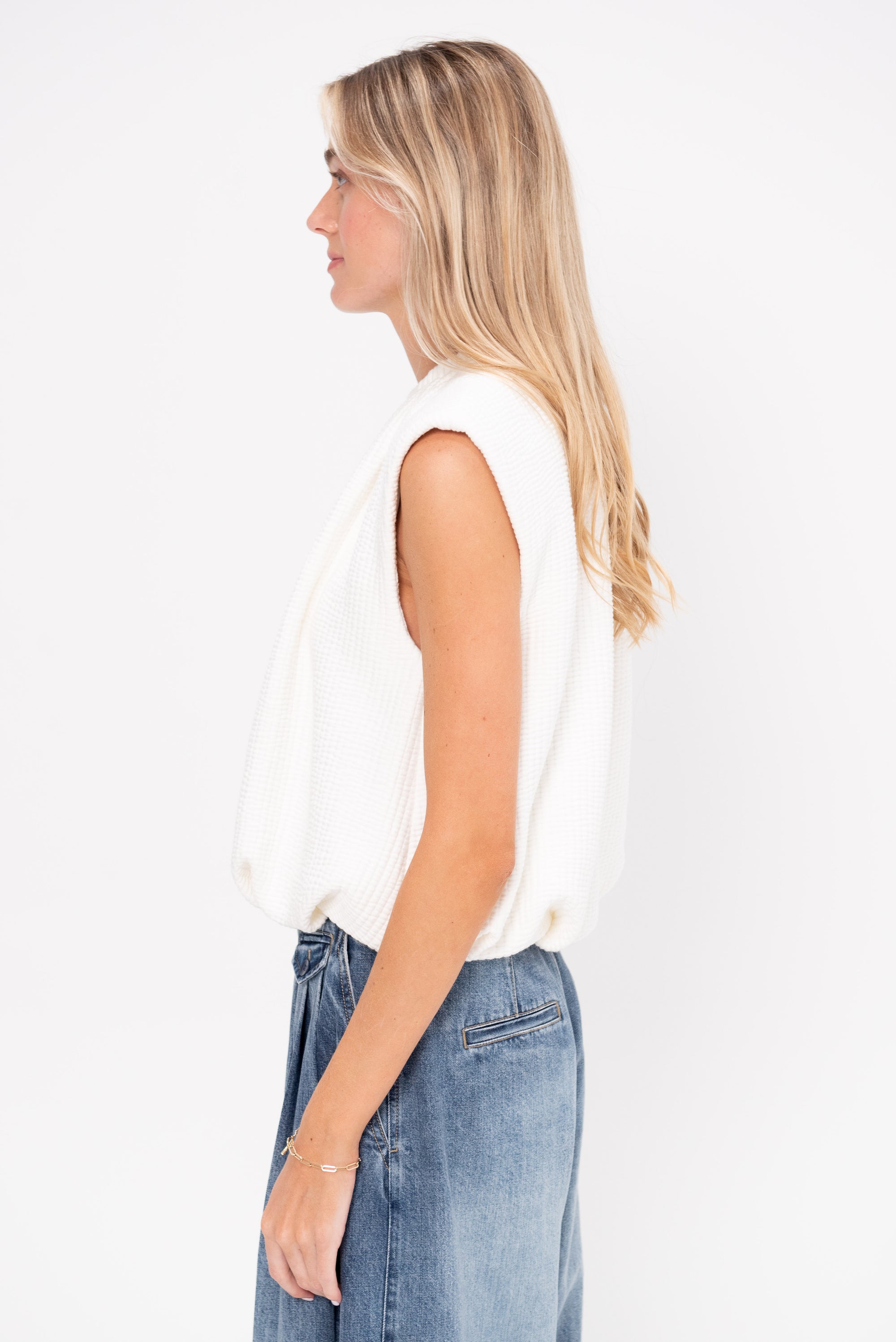 Quilted Waffle Shirred Neck Top, White