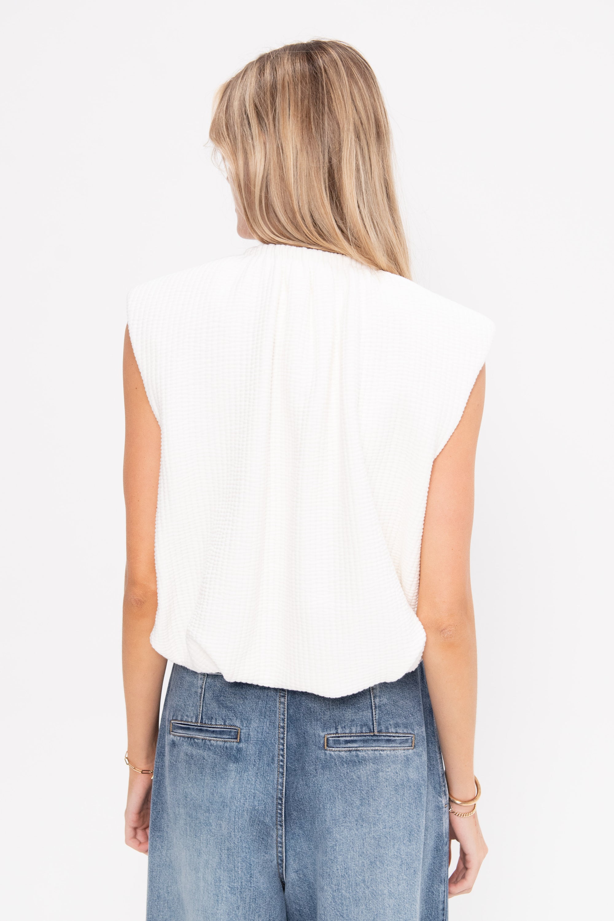 Quilted Waffle Shirred Neck Top, White