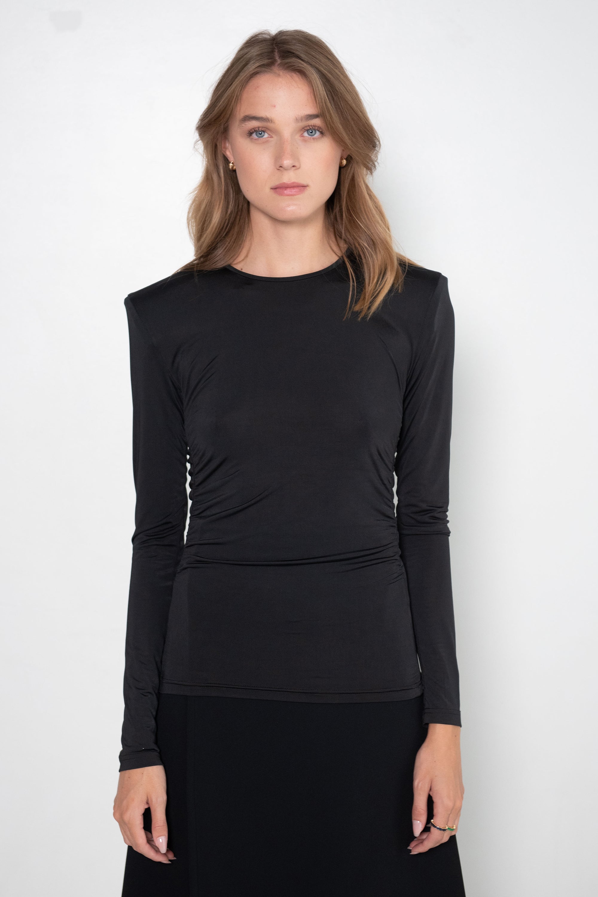 Tibi Micro Jersey Shoulderpad Fitted Crewneck Top, Black