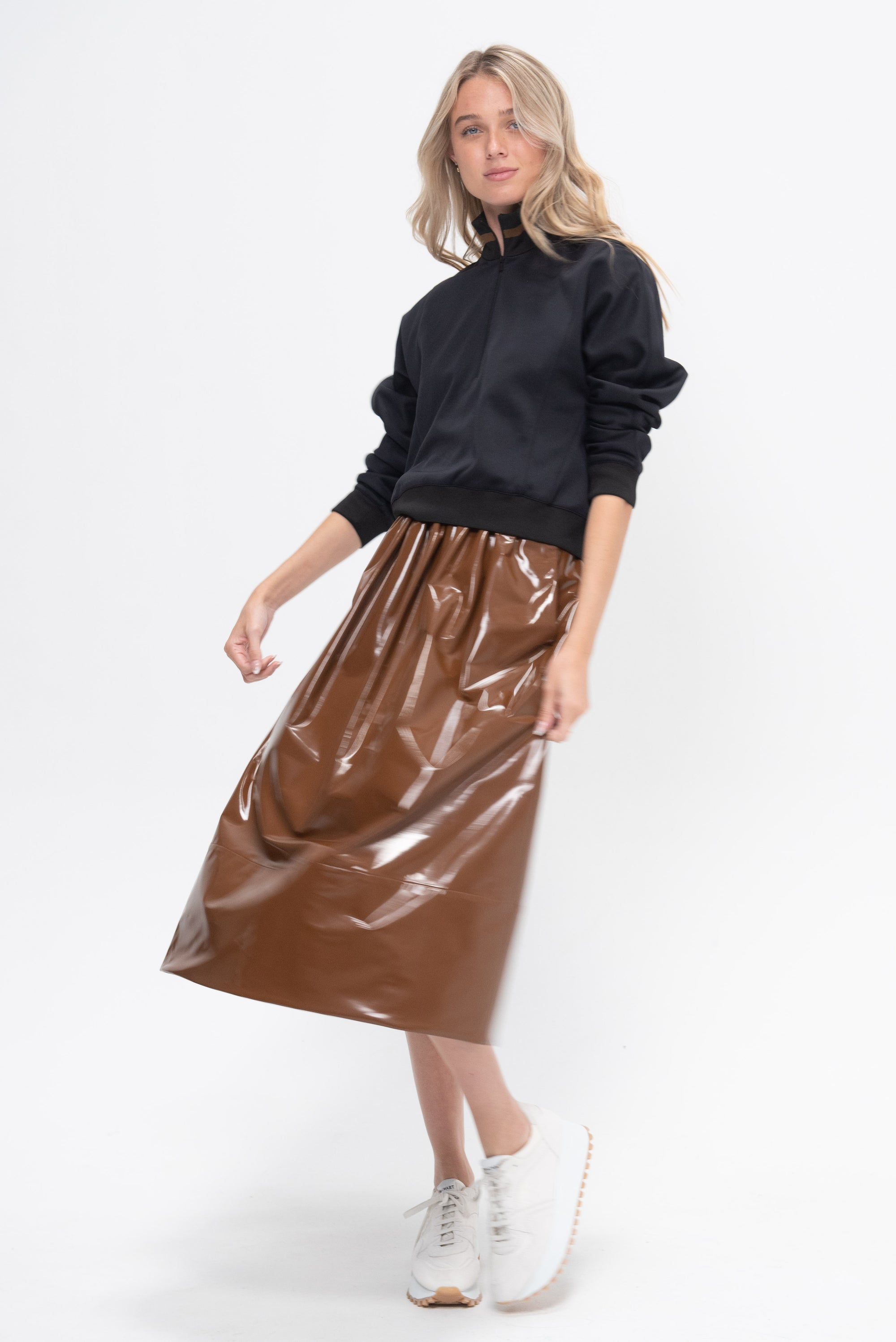 Light Weight Patent Smocking Waistband Full Skirt, Brick